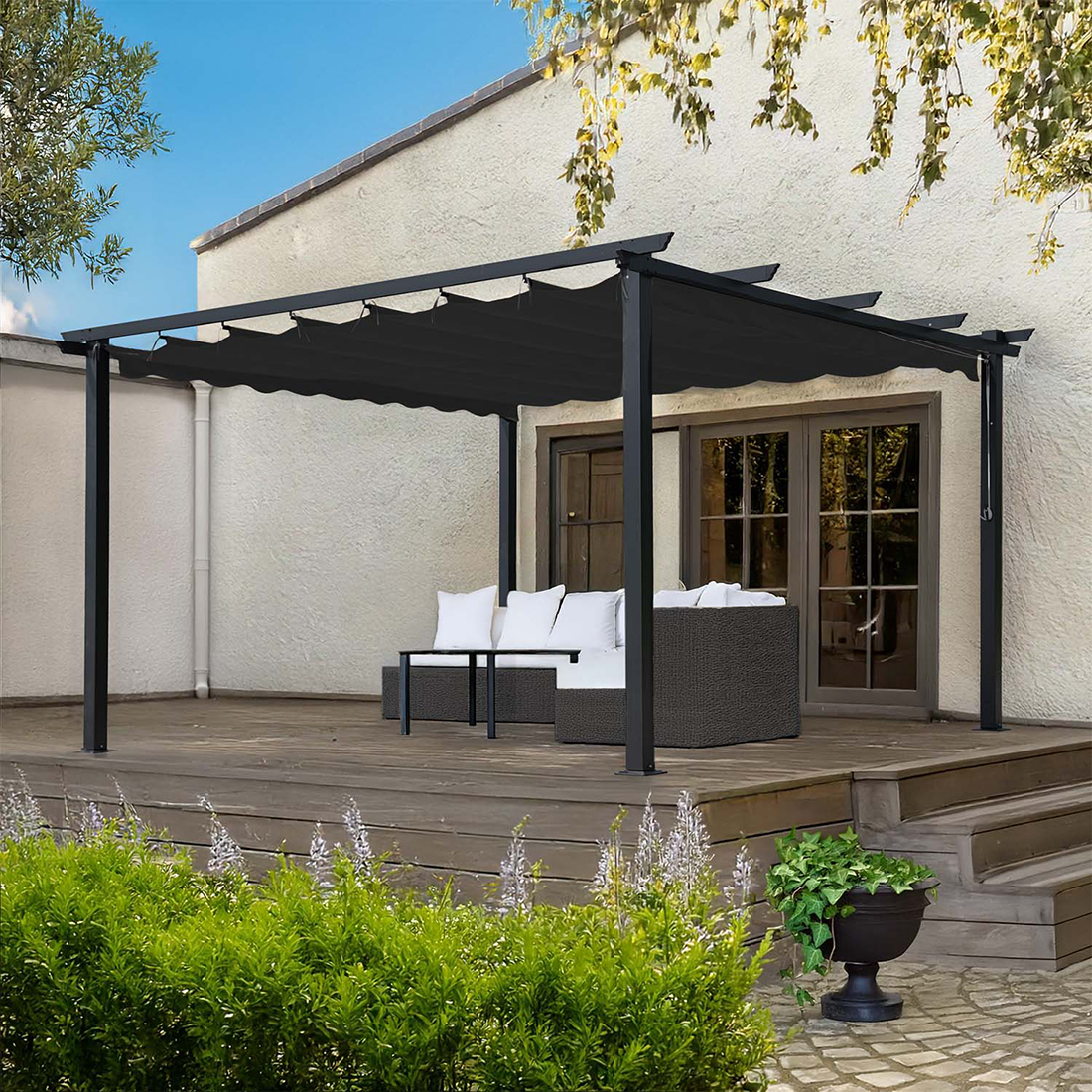 Pergola Skugga 4X4M Sort Ramme Mørkegrått Stoff