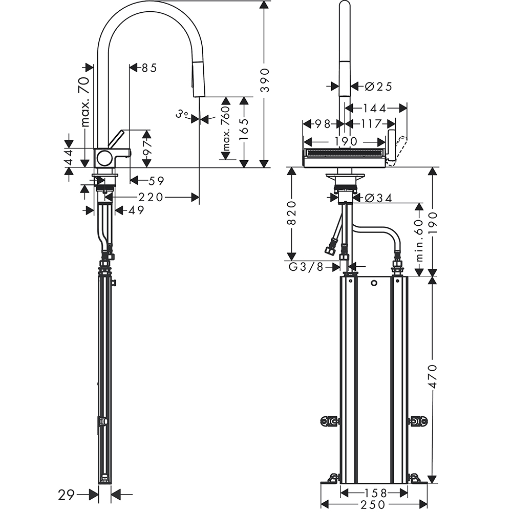 Kjøkkenbatteri Hansgrohe Aquno Select M81 170 3-jet med Uttrekkbar Tut