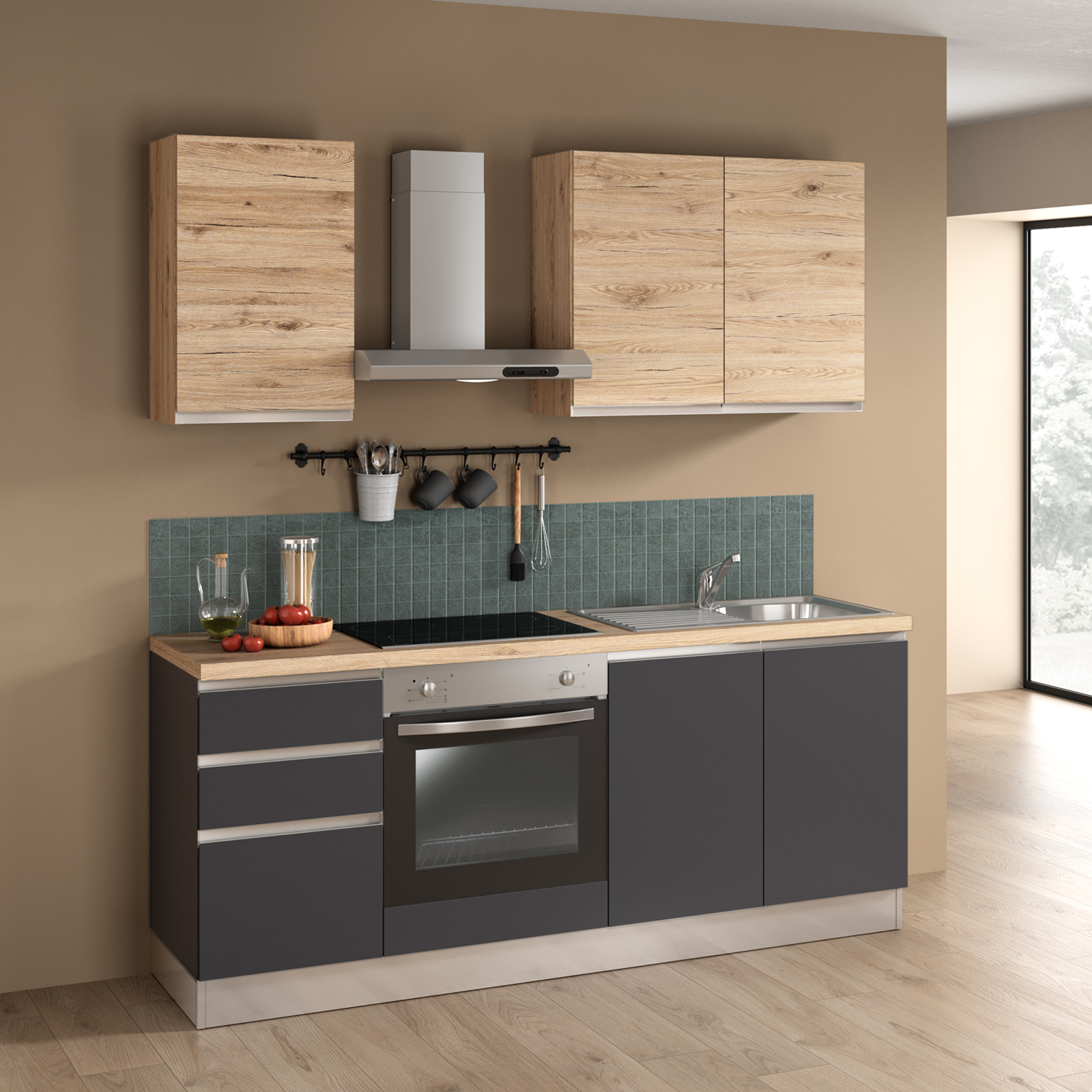 Komplett Kjøkken Mimo Dalia 195 Grå/Eik inkl. Hvitevarer Ferdigmontert