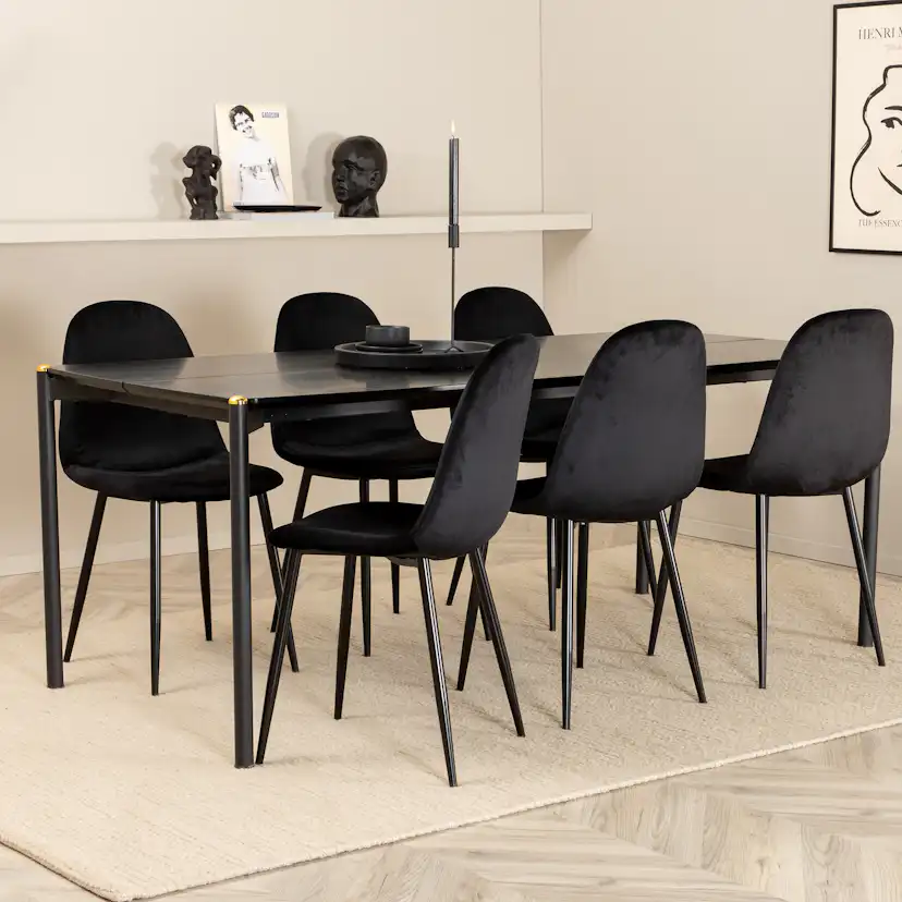 Spisegruppe Venture Home Paris med 6 Pobbie Stoler Sort