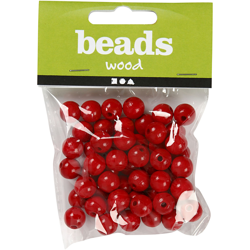 Träpärlor, röd, Dia. 12 mm, Hålstl. 3 mm, 22 g/ 1 förp. Rød