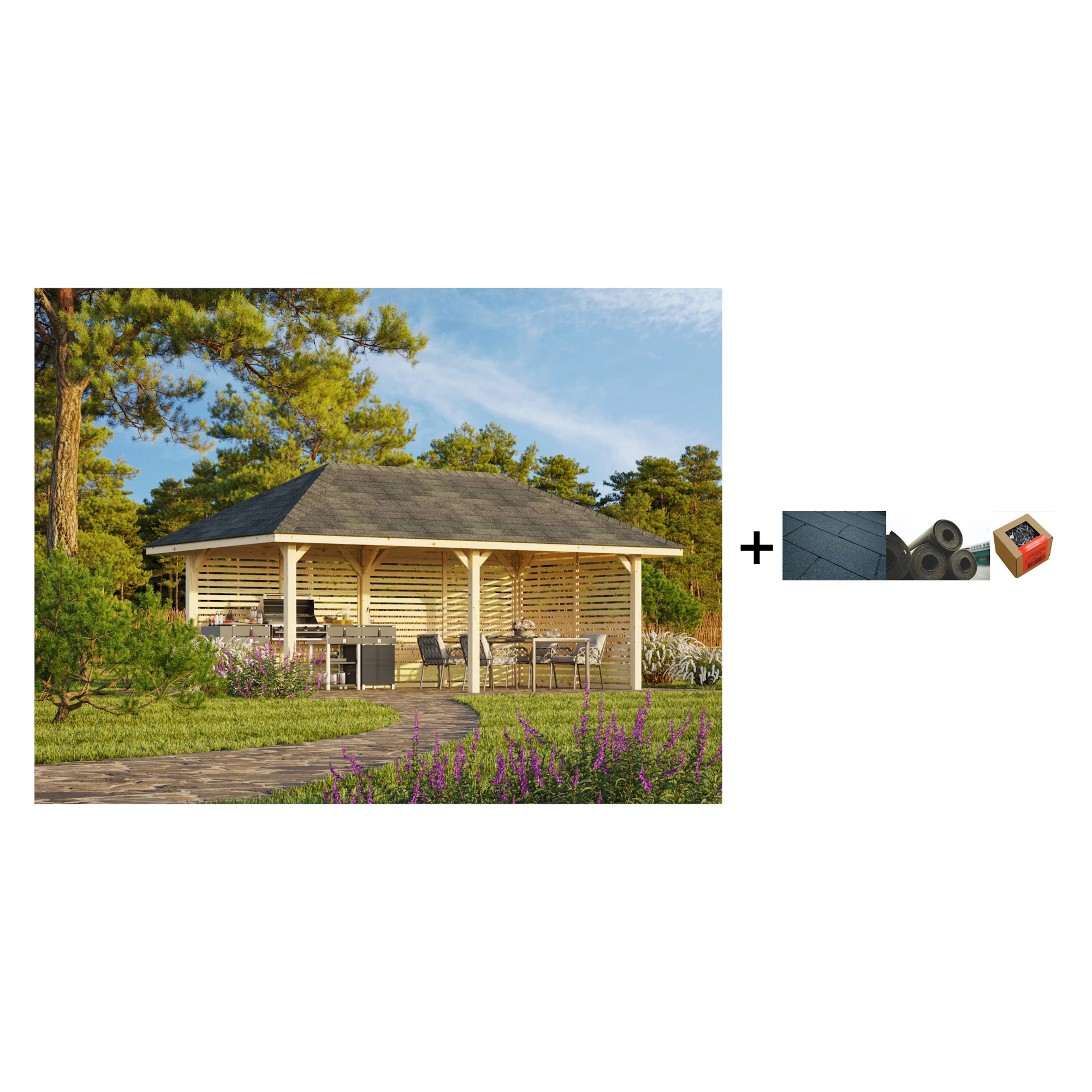 Paviljong Palmako Bianca 16,6 m2 Sett 109 med Shingel, Papp og Spiker