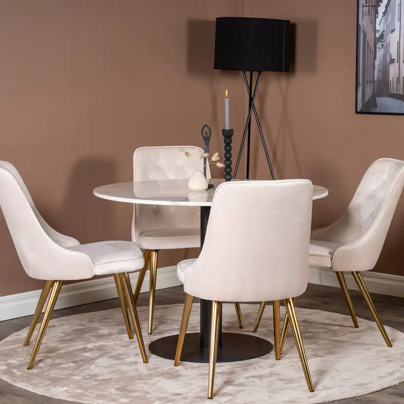 Spisegruppe Venture Home Estelle Rund med 4 Vera Stoler Fløyel