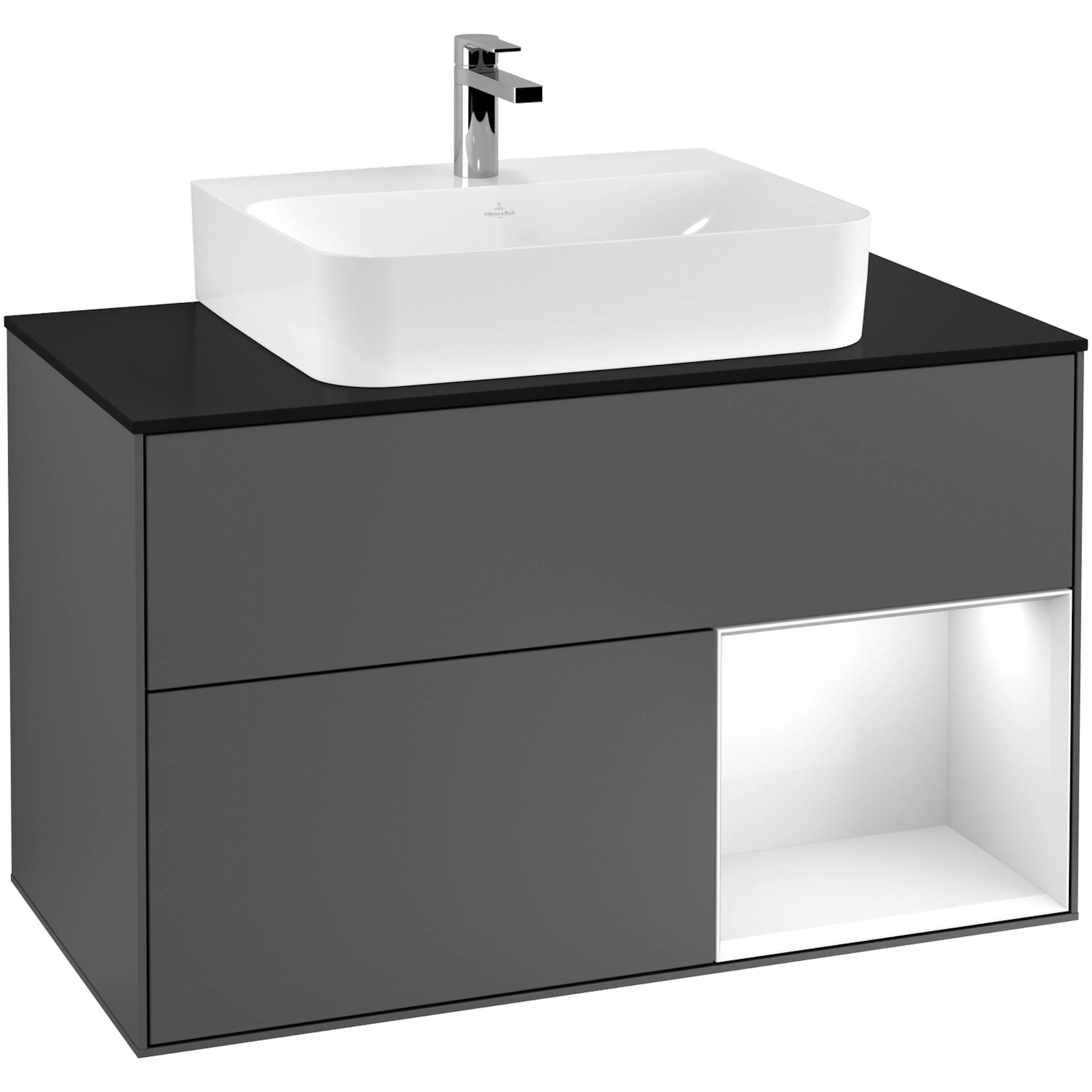 Tvättställsskåp Villeroy & Boch Finion G122GFGK Antracitgrå Mattlack/Vit Högblank med bänkskiva i Mattsvart glas med Väggbelysning, Lucka Höger