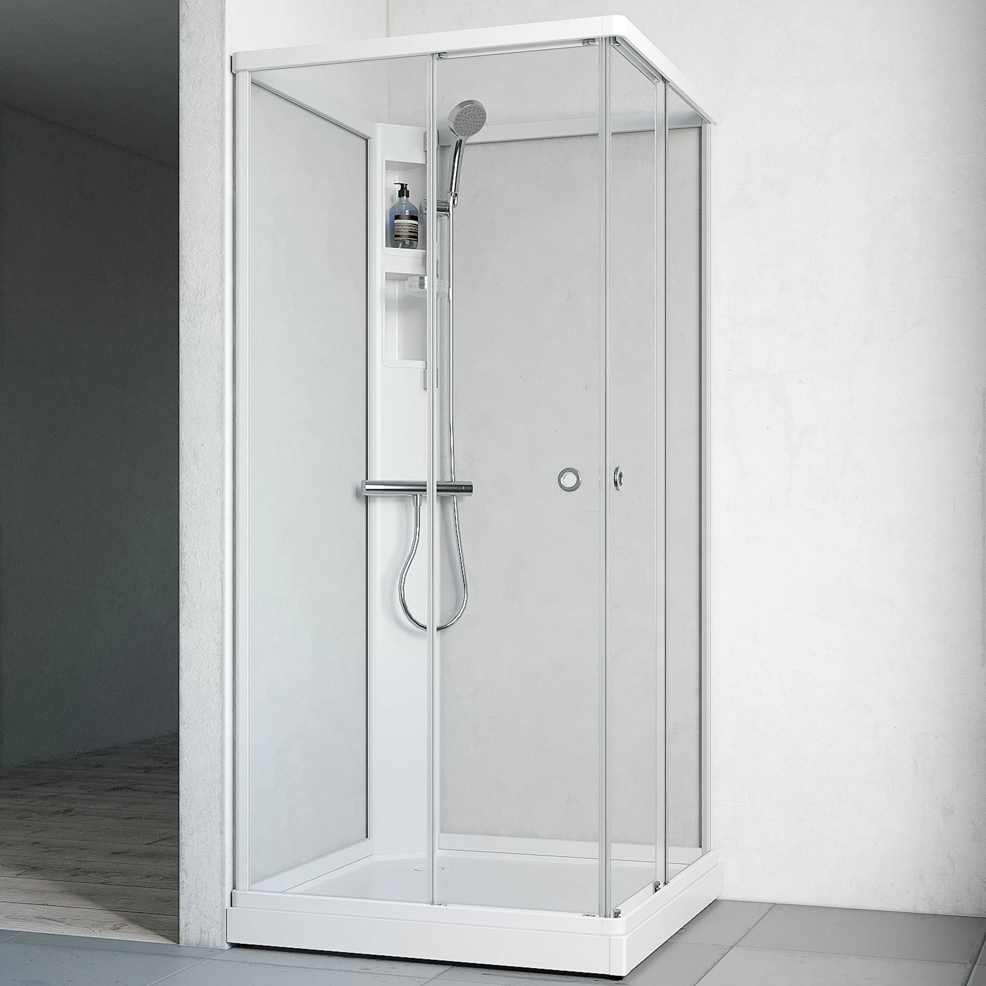 Flow kab Rak InkBl 8x8 V KL 810x810 mm, Vit Profil, Klarglas
