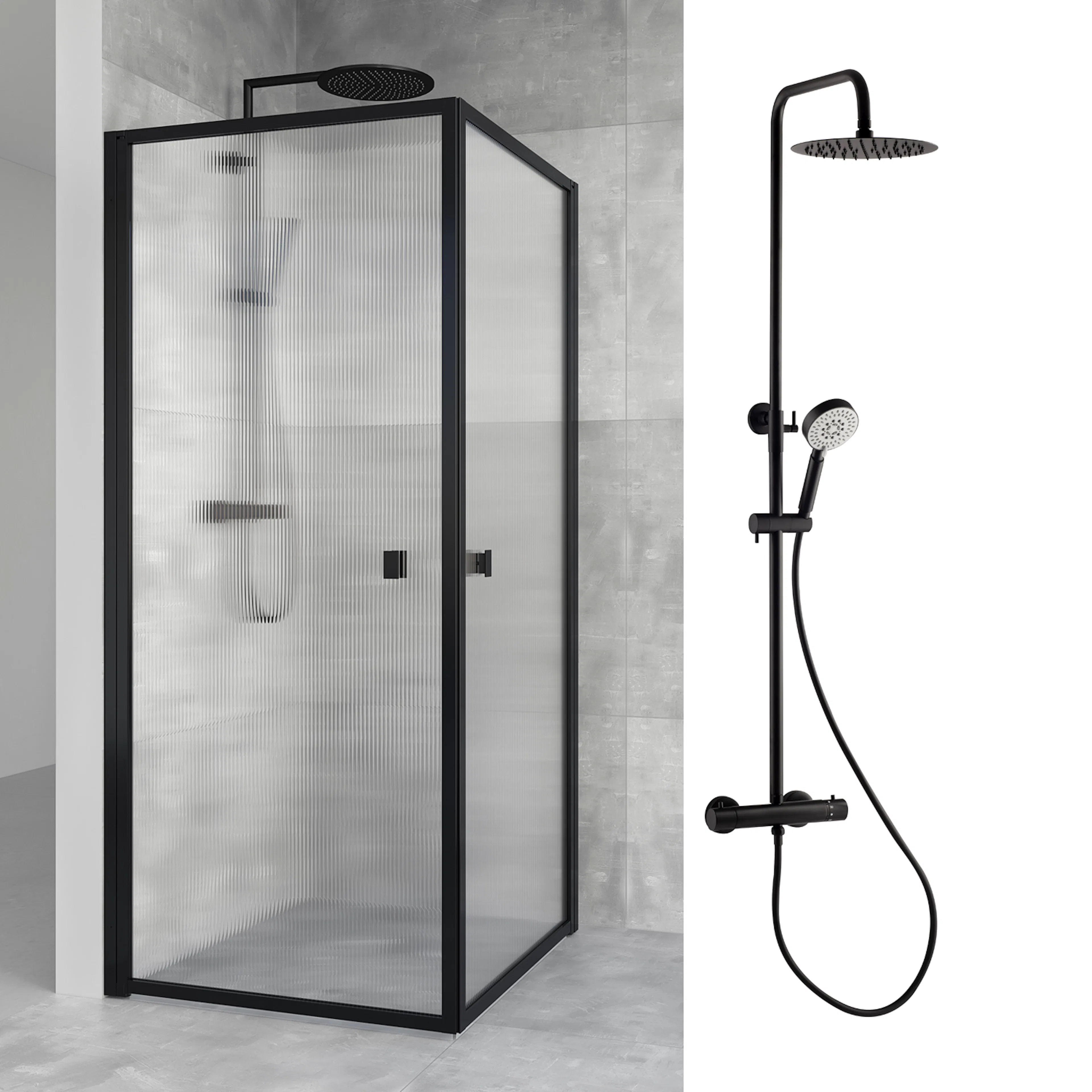 Dusjsett Macro Design Dusjhjørne Empire Linjeglass 900x900 med Takdusjsett Imo 160 cc