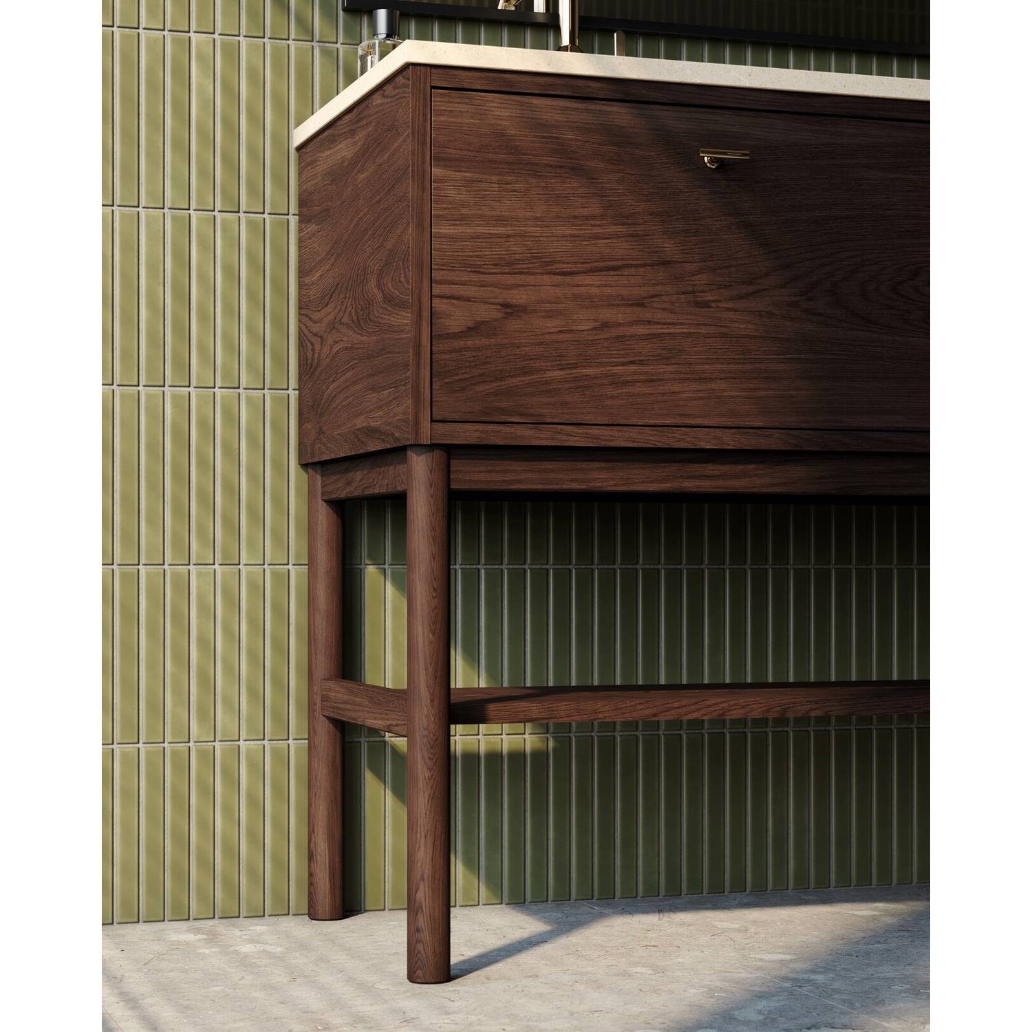 Kommod Ducentic Brun ek - 120 cm. Stenbänkskiva med 2 hoar, Brun Eik, Hull for 2 stk Enkelthullsblender, Beige Royal