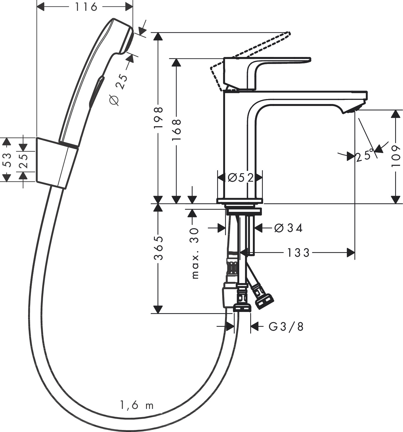 Servantbatteri Hansgrohe Rebris S 1-greps 110 med Bidethånddusj og Dusjslange 160 cm uten Bunnventil