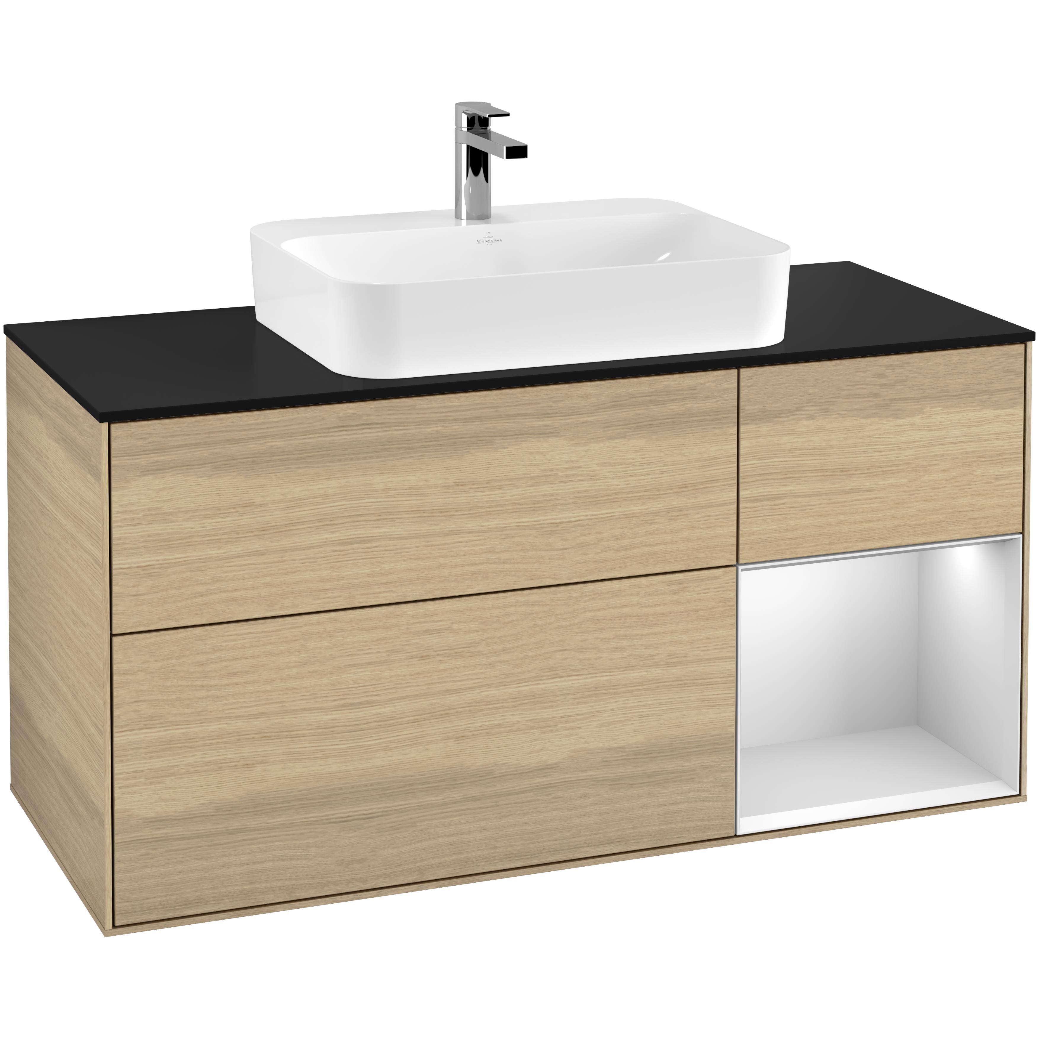 Tvättställsskåp Villeroy & Boch Finion G422MTPC Ekfanér/Vit Mattlack med bänkskiva i Mattsvart glas med Väggbelysning, Lucka Höger