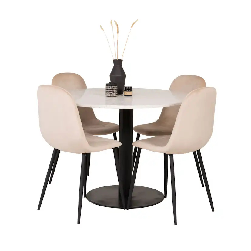 Spisegruppe Venture Home Roxanna HHvitBord med 4 Pobbie Stoler Fløyel