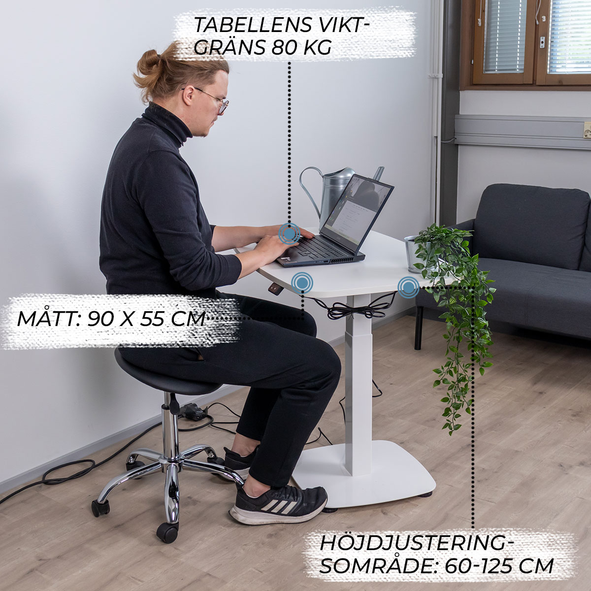 Lykke höj och sänkbart skrivbord L200, vit, 90 x 55cm Hvit