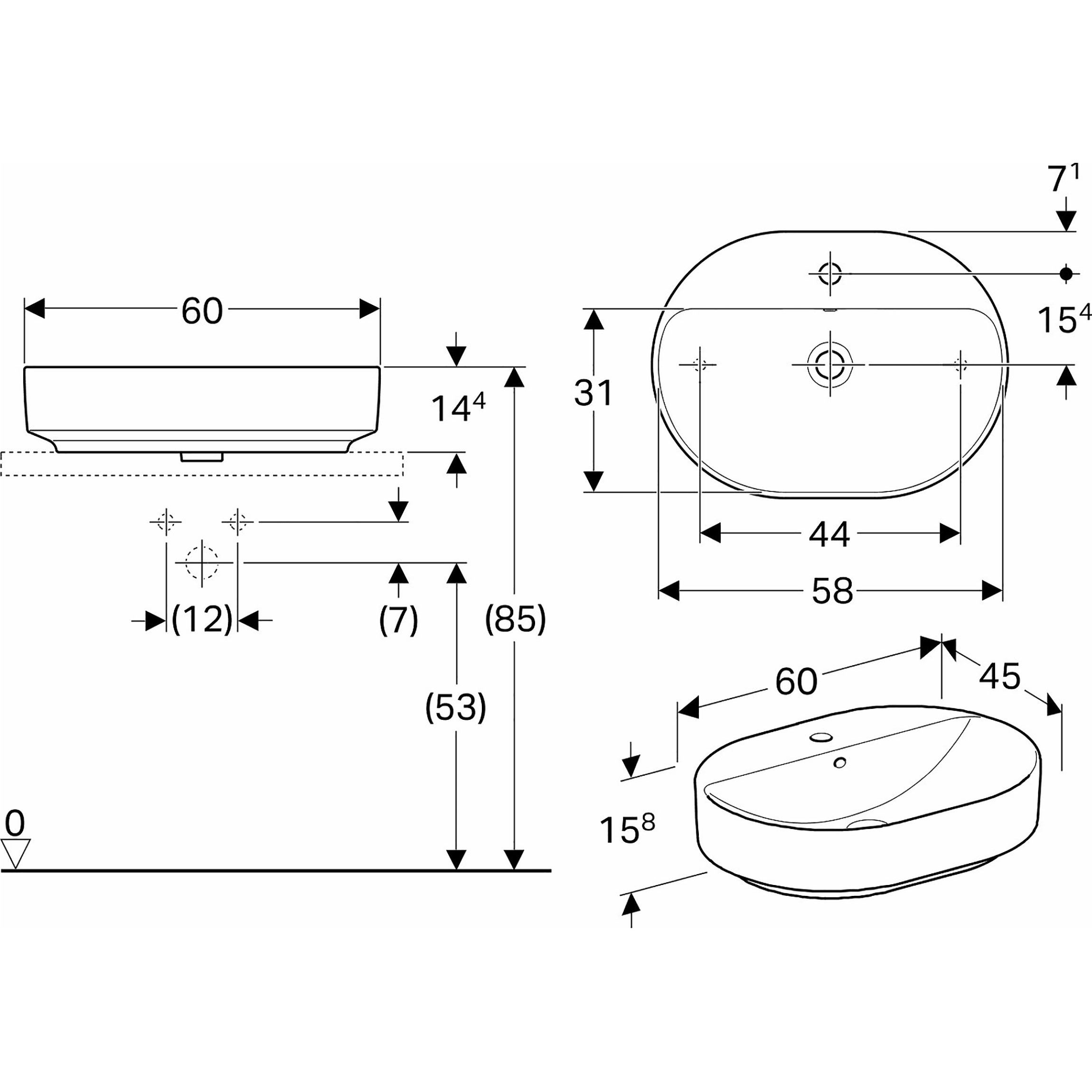 Tvättställ Geberit Variform 600 mm Lay-on Elliptiskt Kanthylla