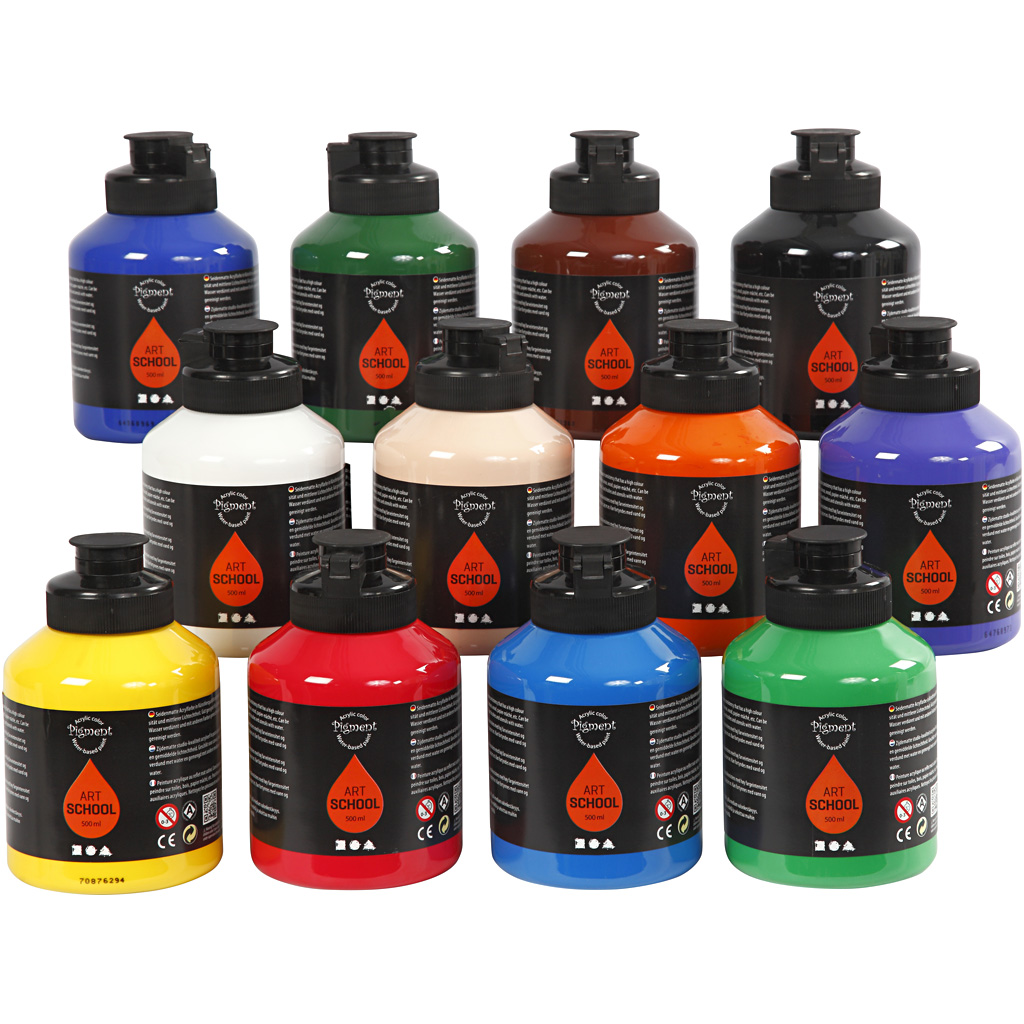 Akrylmaling Creativ Company Pigment Art School standardfarger 12 stk 500 ml/1 Eske