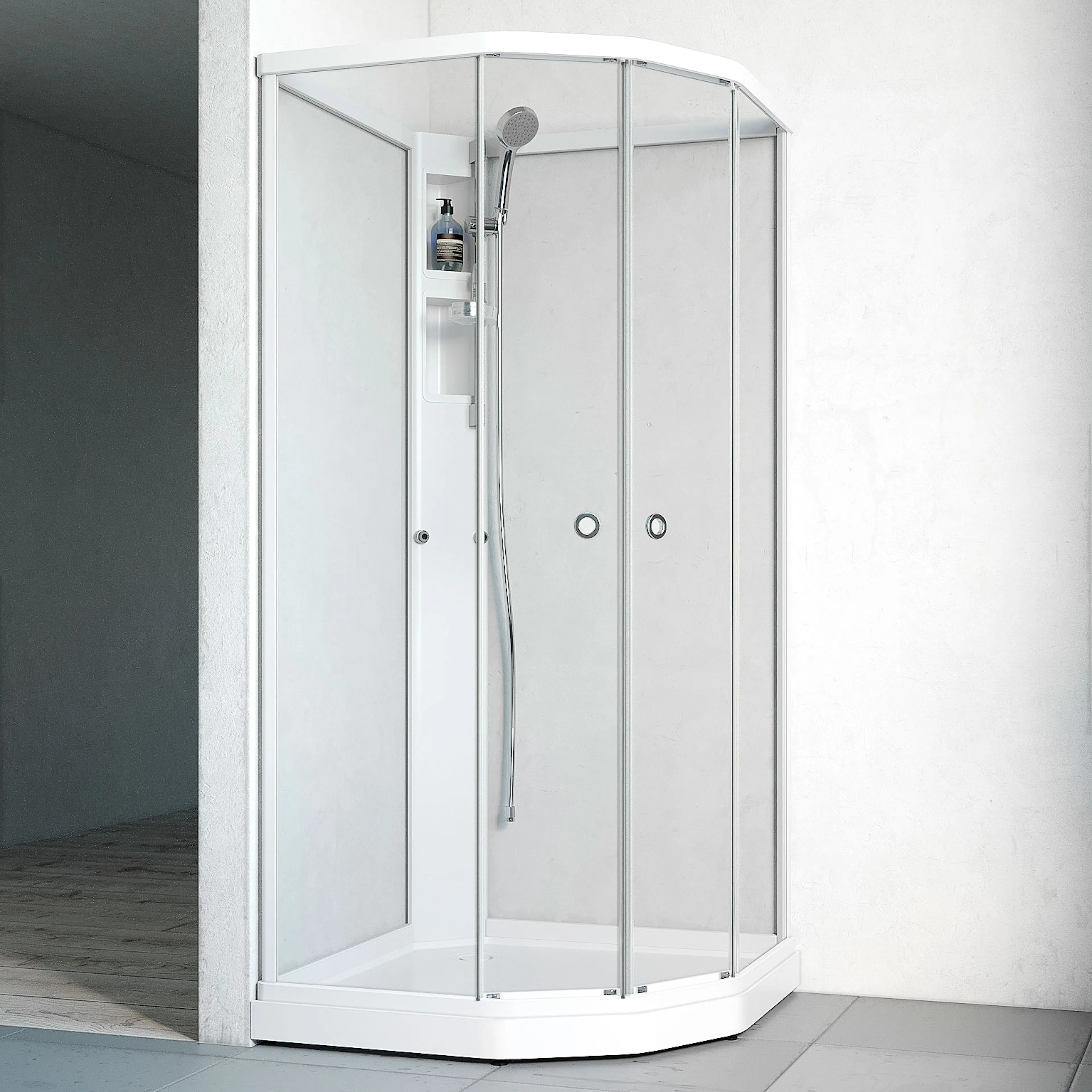 Flow kab Semi UtpBl 7x9 V KLV 710x910x1990 mm, Vit Profil, Klarglas/Vit bakvägg