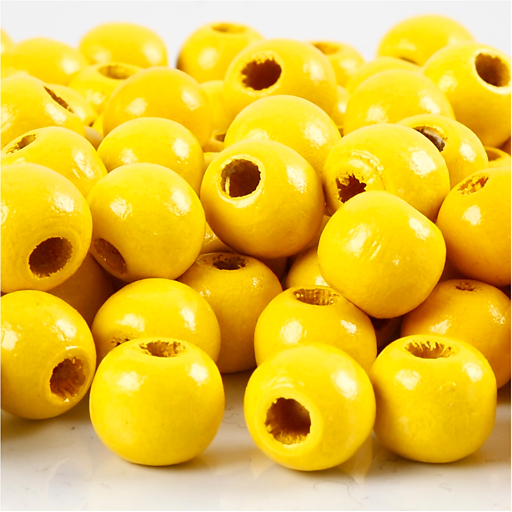 Träpärlor, gul, Dia. 12 mm, Hålstl. 3 mm, 22 g/ 1 förp. Gul