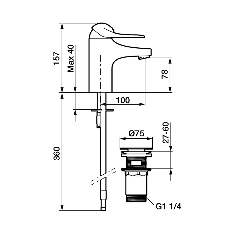 Servantbatteri 9000E II Krom, med push down-ventil Med Tilkobling slett ende Ø10 mm