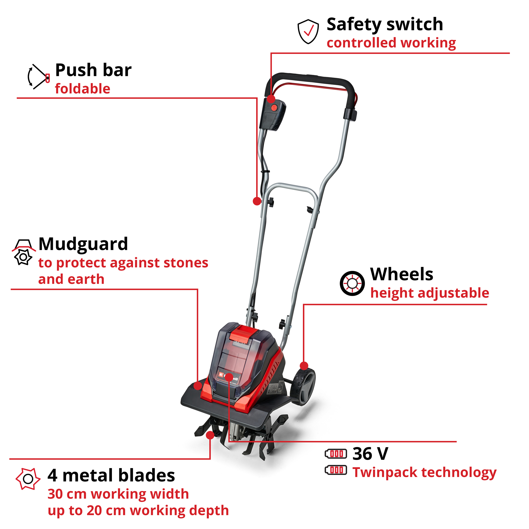 Batteridrevet jordfreser Einhell 2 × 18 V Li-jon Solo - GE-CR 30 uten Batteri