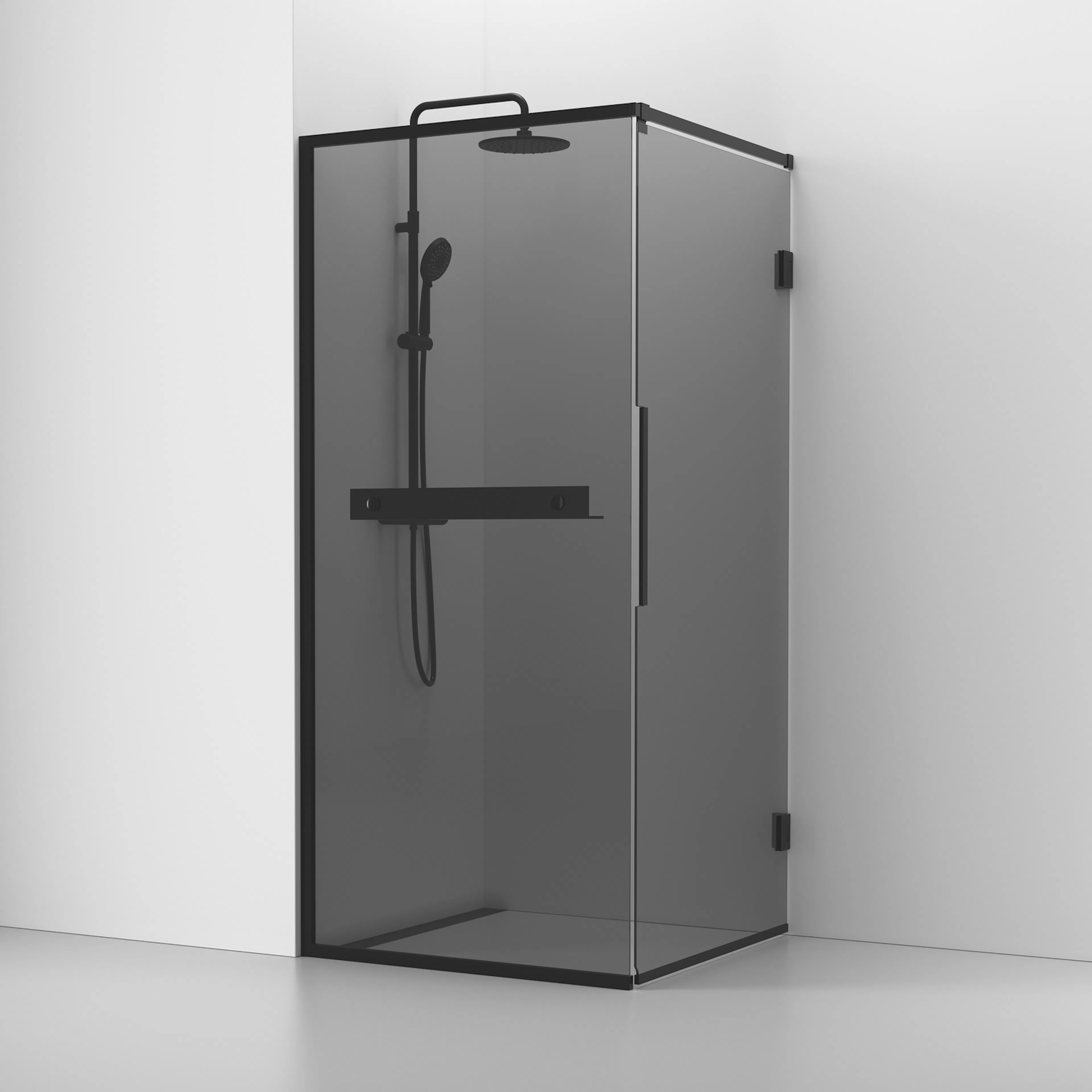 Langfoss Duschhörna Rak/Fast 90x92x200 Svart matt/Rök Hylla BxDxH: 900 x 920 x 2000 mm, Profil: Mattsvart Aluminium, Rökfärgat glas