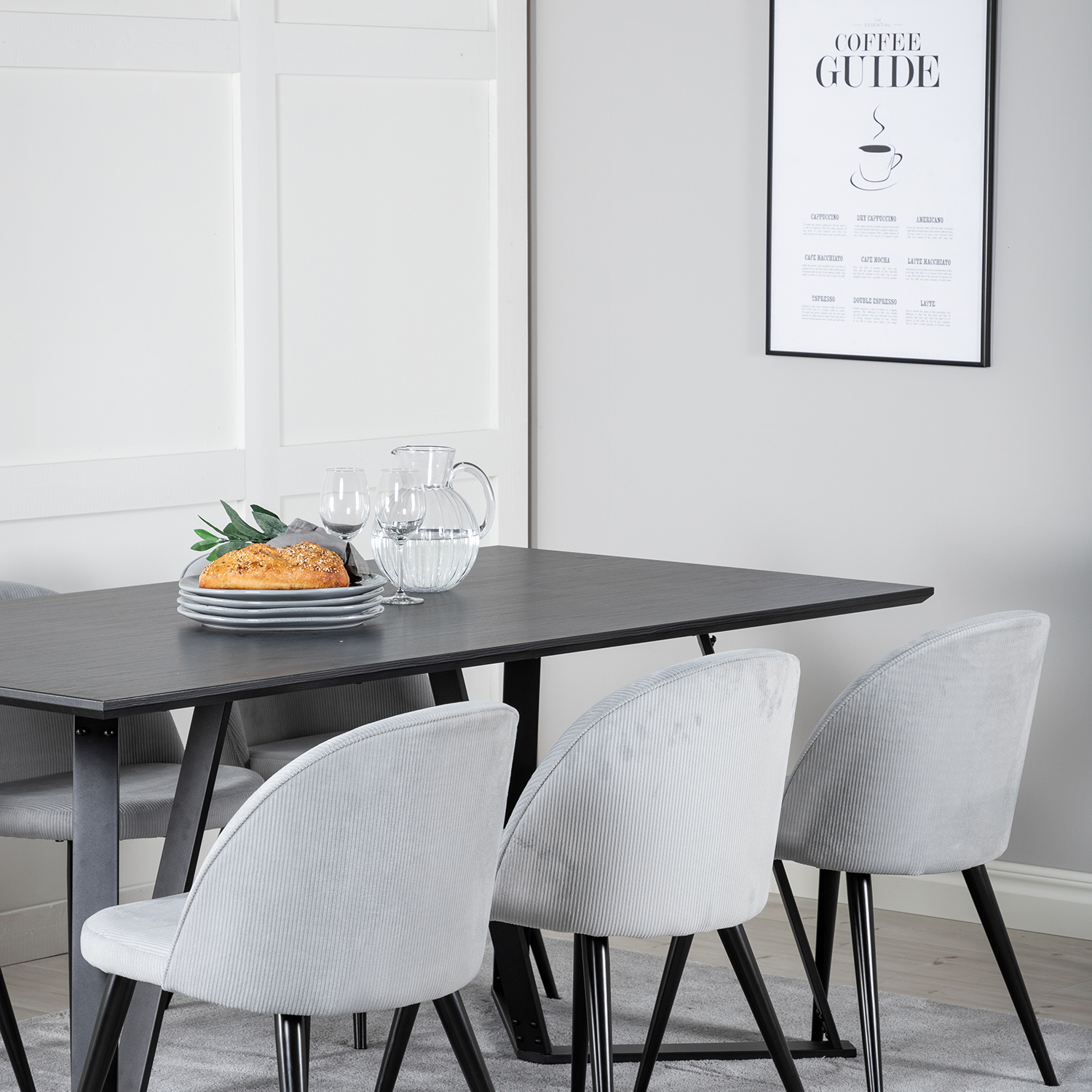 Marina Table-Black top/Velvet Chair Corduroy-ljusgrå/Black_6 Sort/Grå