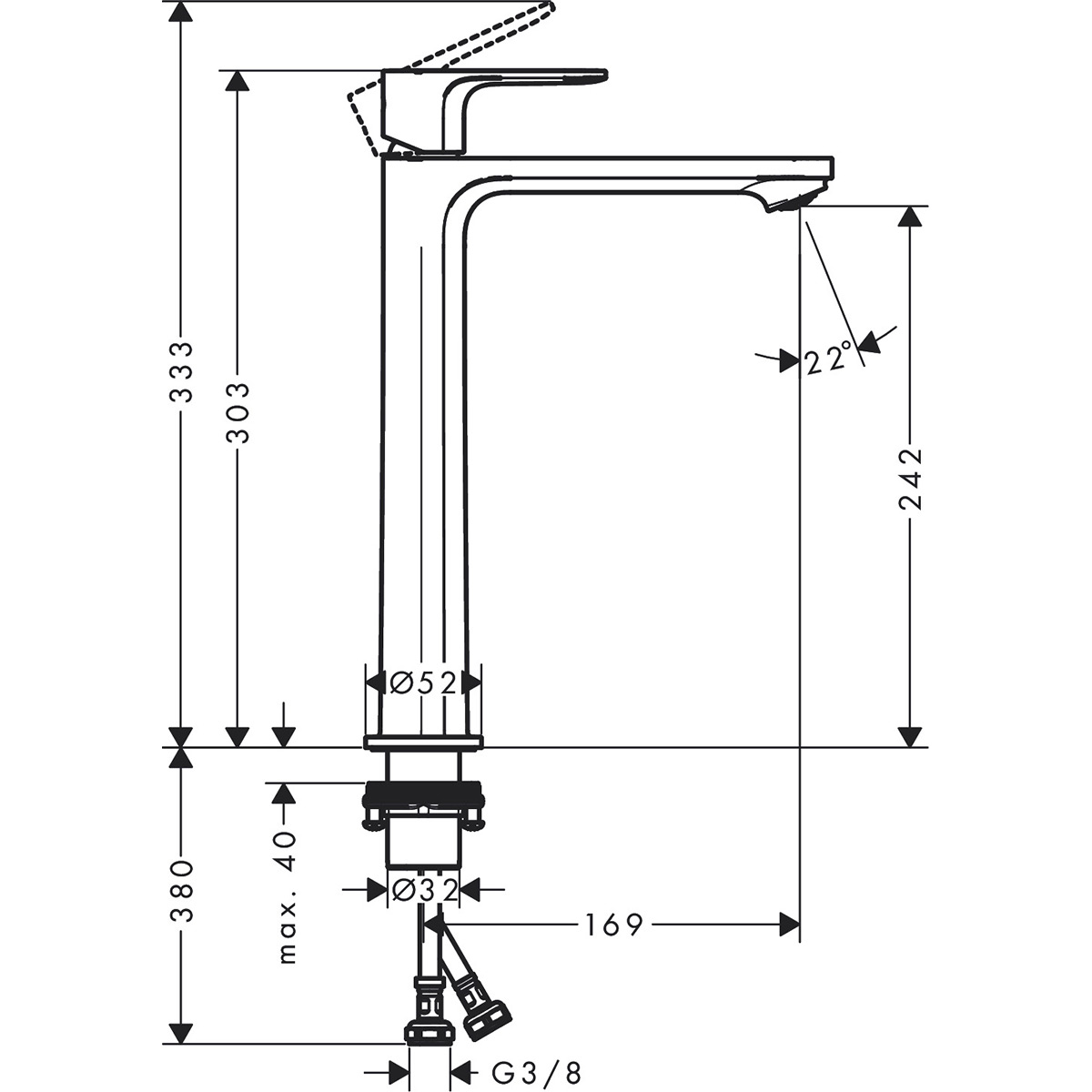 Servantbatteri Hansgrohe Rebris E 1-greps 240 CoolStart uten Bunnventil