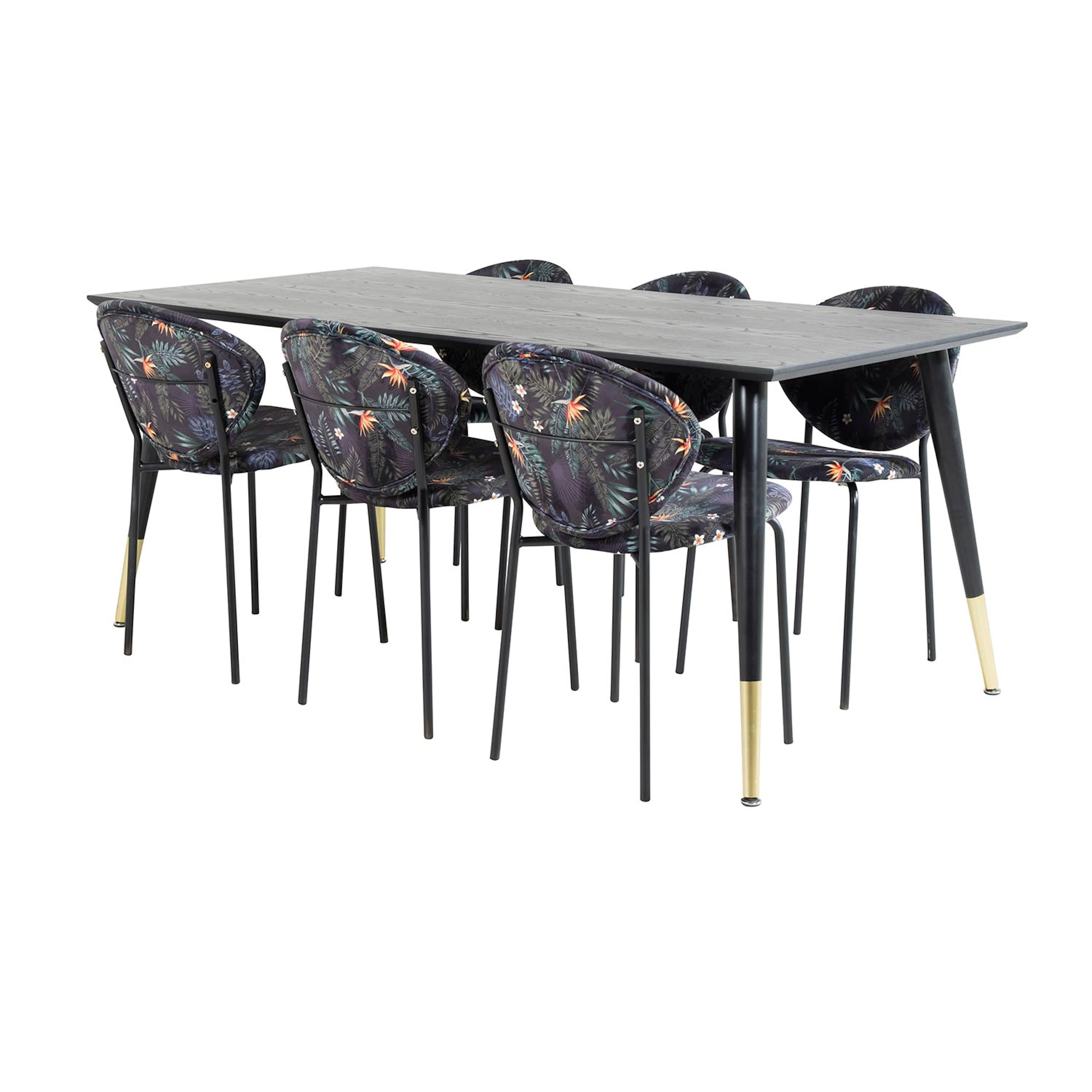 DippTable Black Brass+Vault Chair-Black Flower_6 Sort/Messing/Blomstermønstret