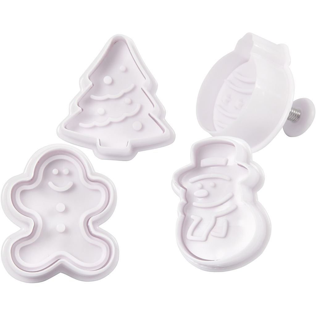 Utstikkerformer Creativ Company med Preg Hvit Juletre Snømann Pepperkakemann Kule - 5 cm 4 stk / 1 Pk