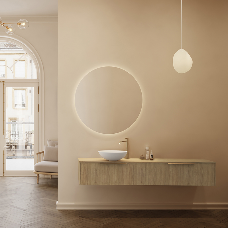 Møbelpakke FOSSBAD New Block 180 Lys eik med Benkeplate og Calice Solid Surface Servant og Moon Speil