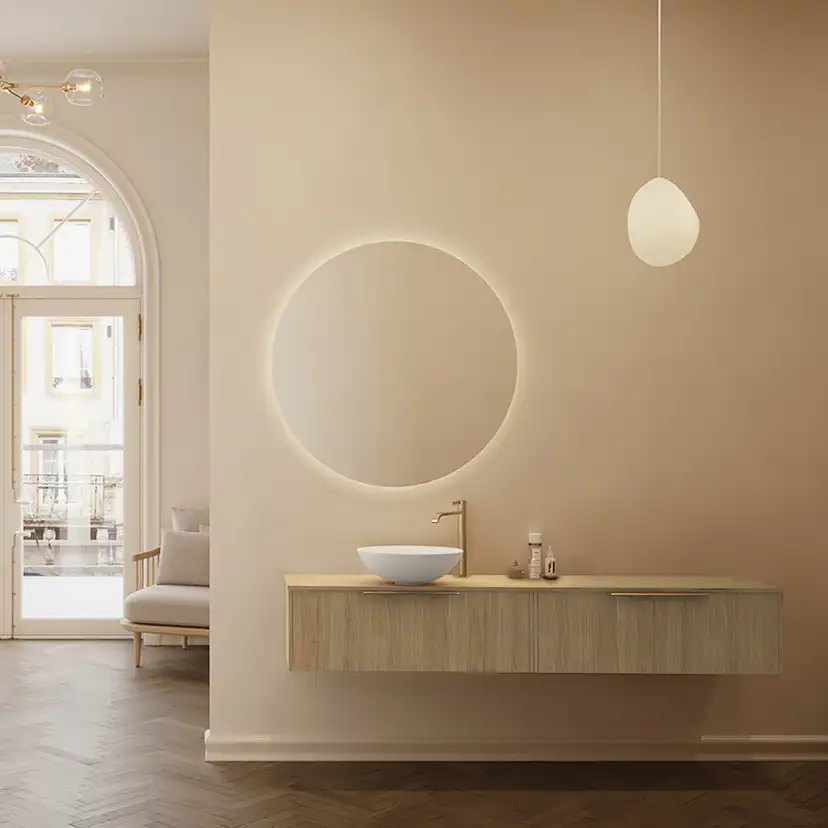 Møbelpakke FOSSBAD New Block 180 Lys eik med Benkeplate og Calice Solid Surface Servant og Moon Speil