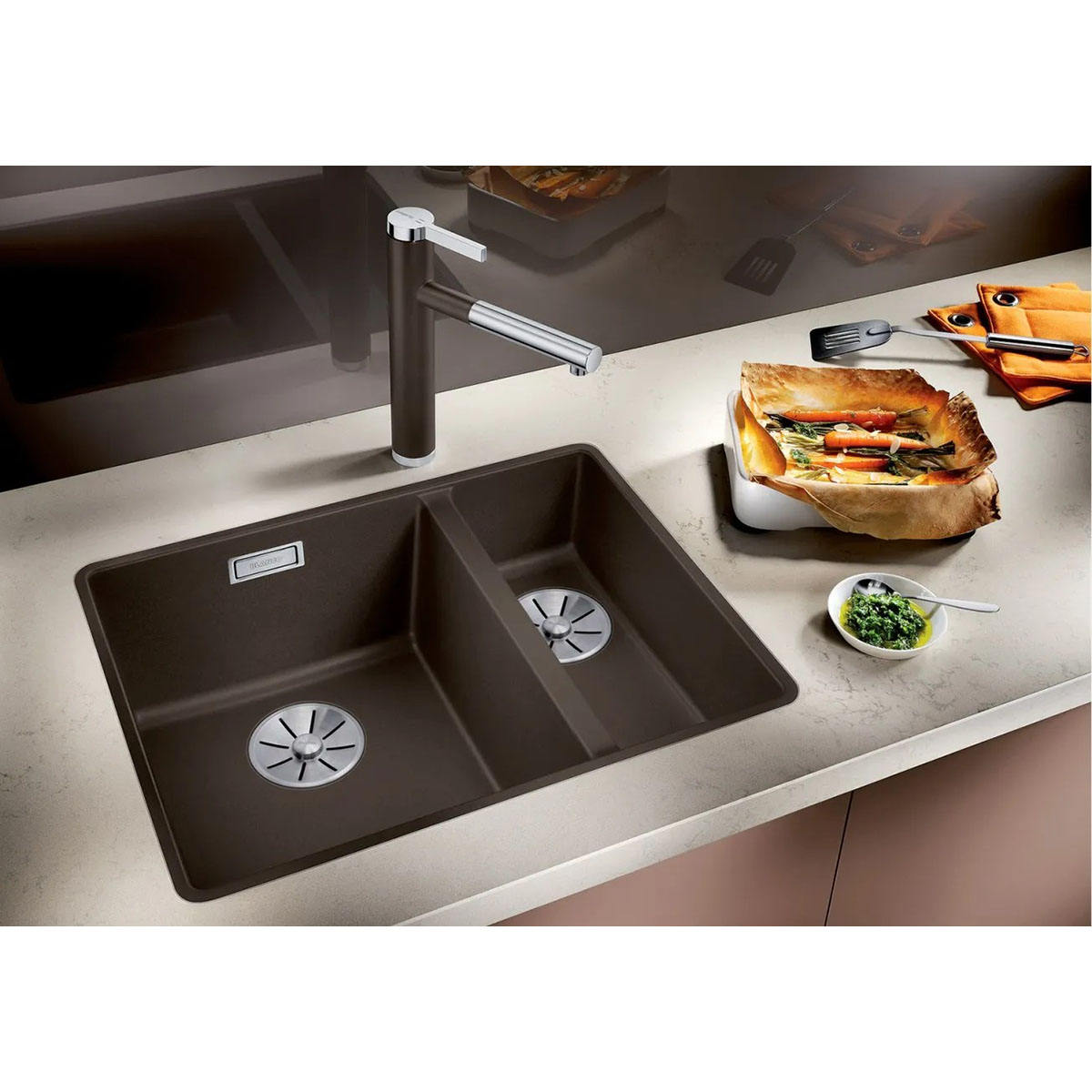BLANCO SUBLINE 340/160-F SILGRANIT® INFINO - SVART Sort, Planmontert