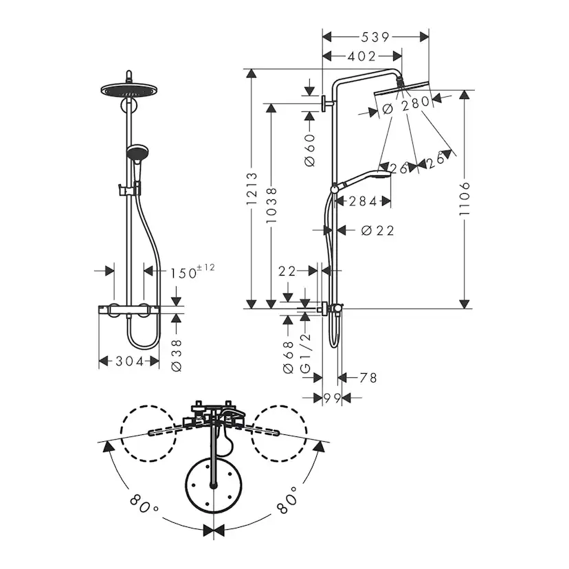 Takduschset Hansgrohe Croma Select S 280 Air 1jet Showerpipe Børstet Bronse, med EcoSmart