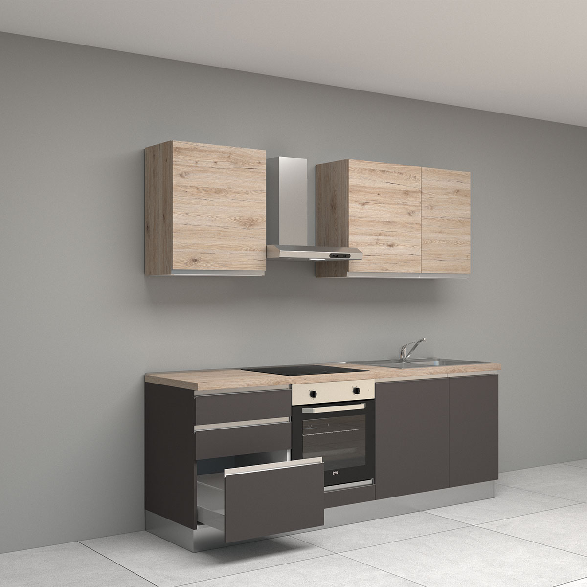Komplett Kjøkken Mimo Dalia 225 Høyre Mørkgrå/Eik inkl. Hvitevarer Ferdigmontert