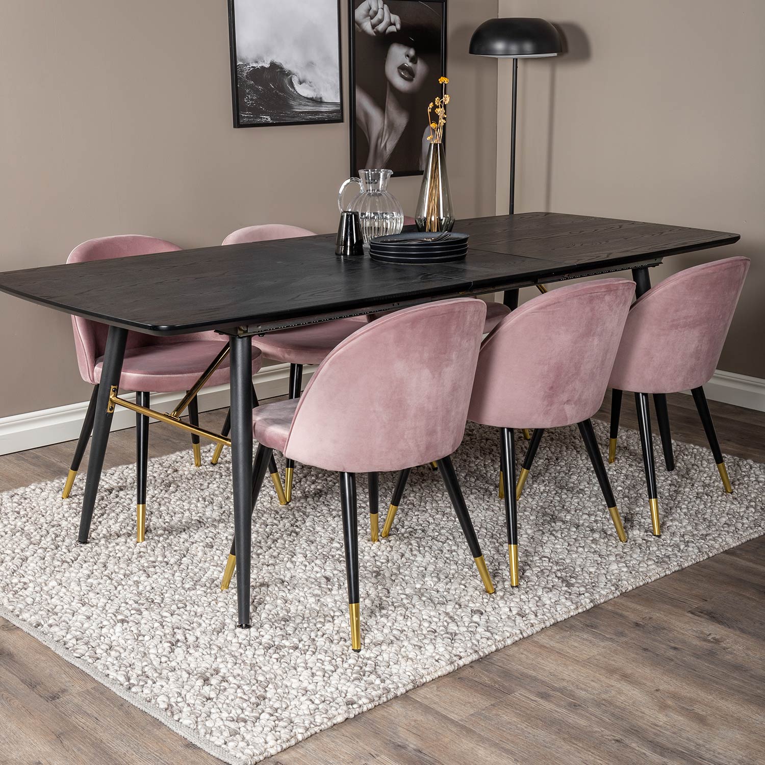 Spisegruppe Venture Home Gold med 6 Velvet Stoler