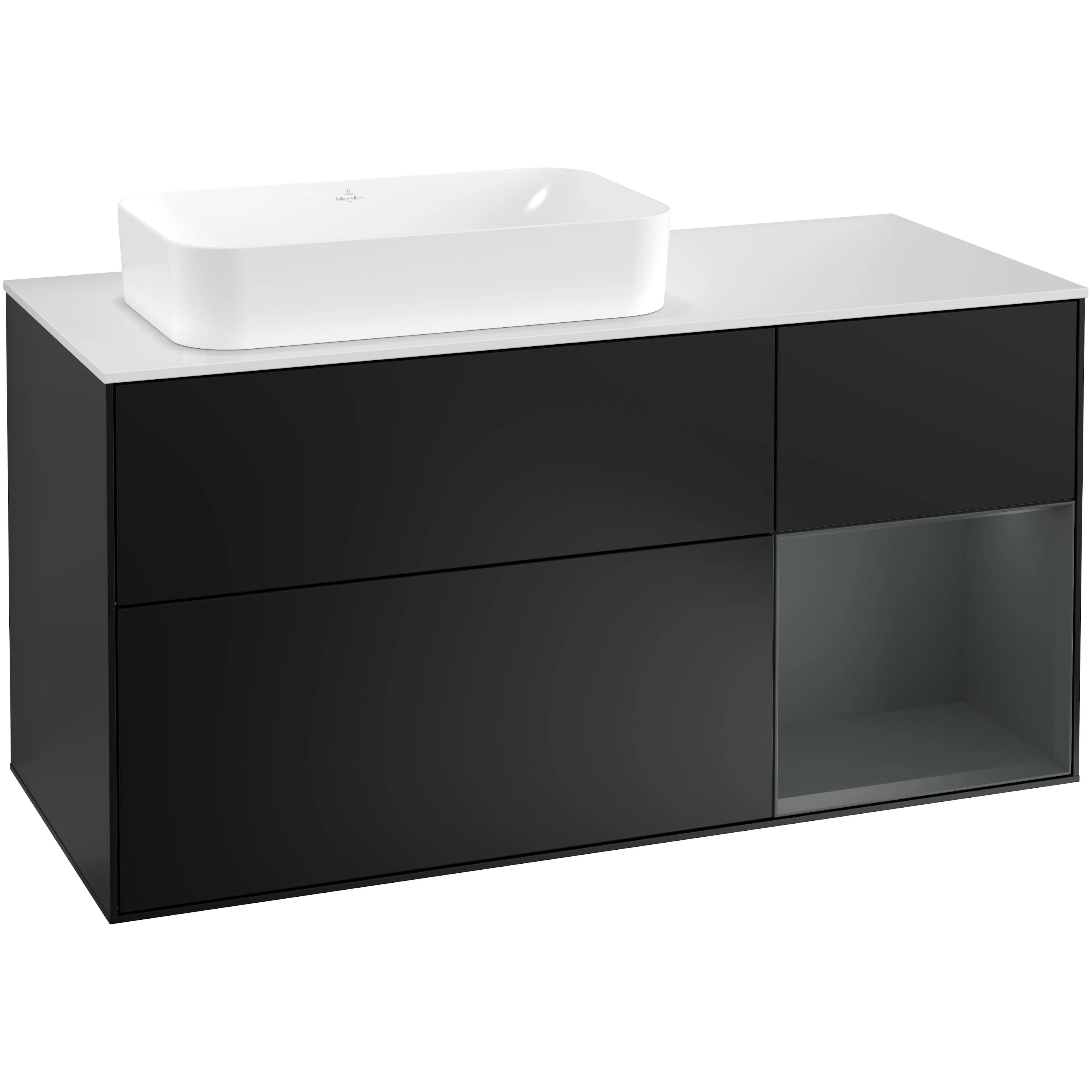 Tvättställsskåp Villeroy & Boch Finion G281HGPD Svart Mattlack/Midnattsblå Mattlack med bänkskiva i Mattvitt glas med Väggbelysning, Lucka Höger med Blandarhål