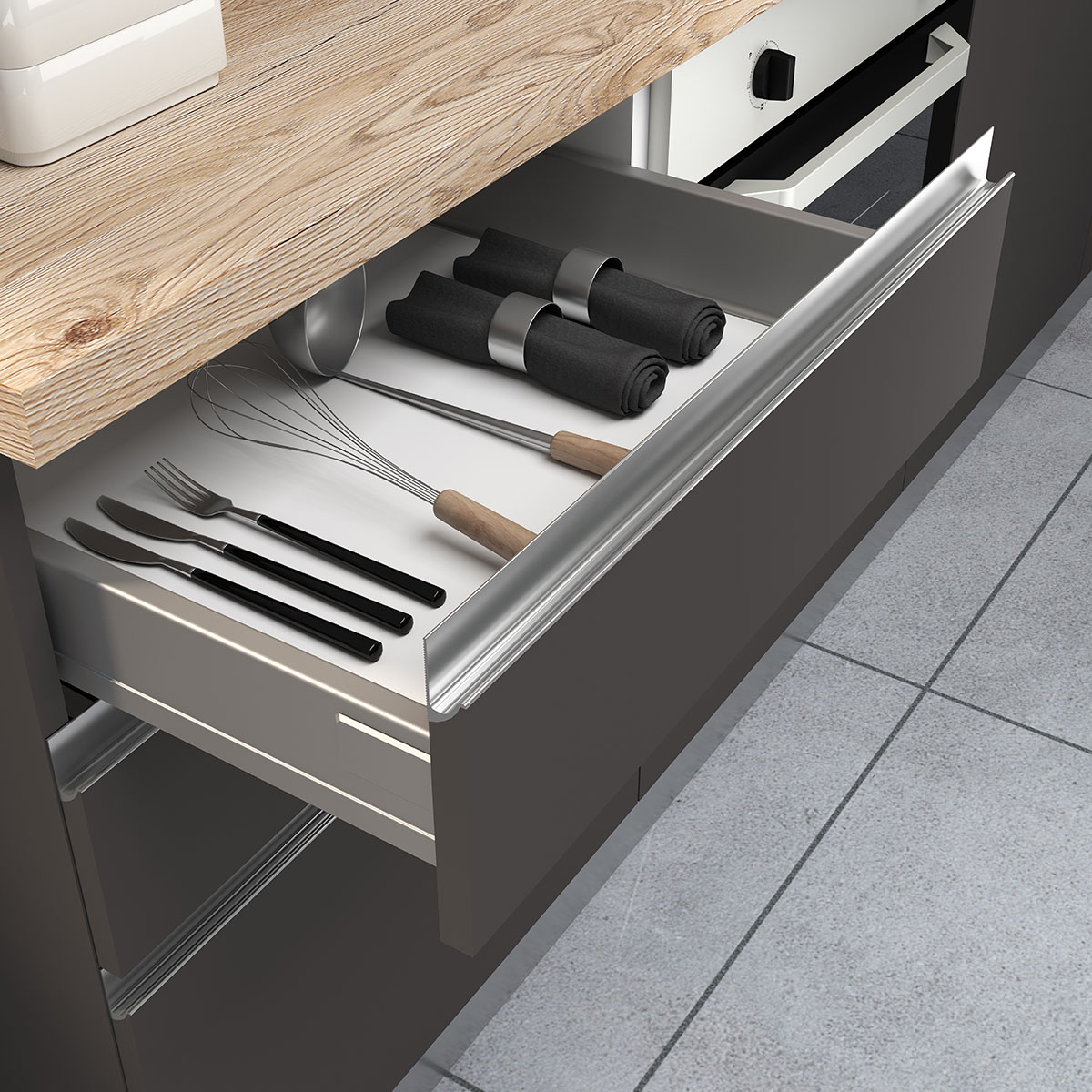 Komplett Kjøkken Mimo Dalia 225 Høyre Mørkgrå/Eik inkl. Hvitevarer Ferdigmontert