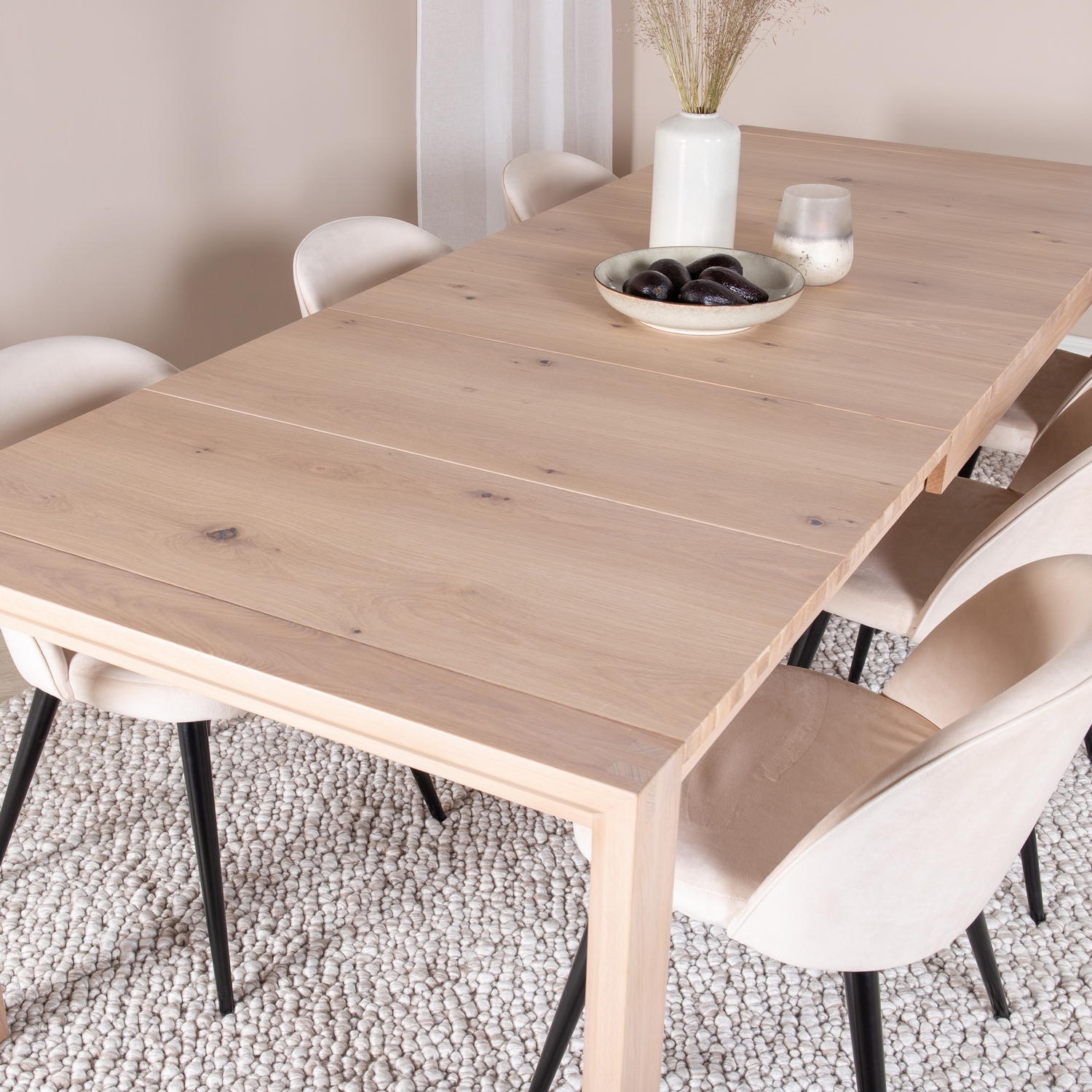 Slider Extention Table - White Wash+ Dining Chair - Beige Lyse Eik/Beige