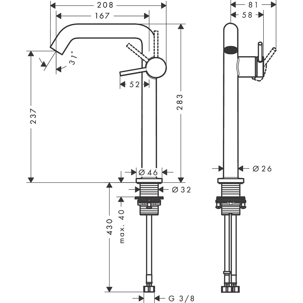 Servantbatteri Hansgrohe Tecturis S Fine 240 CoolStart med Push-open Ventil