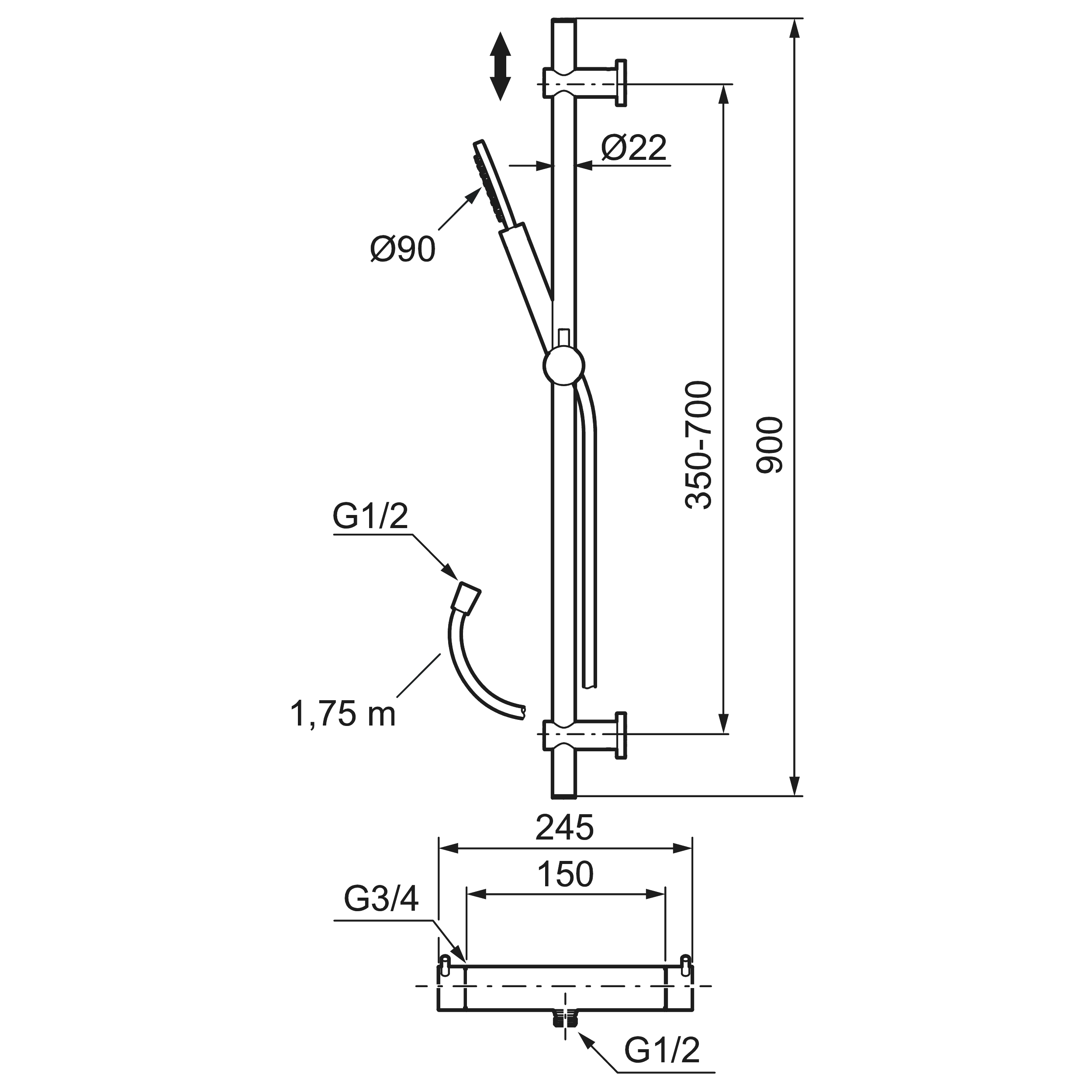 INXX II shower kit Krom, 150 c/c Krom, CC-mål: 150 mm