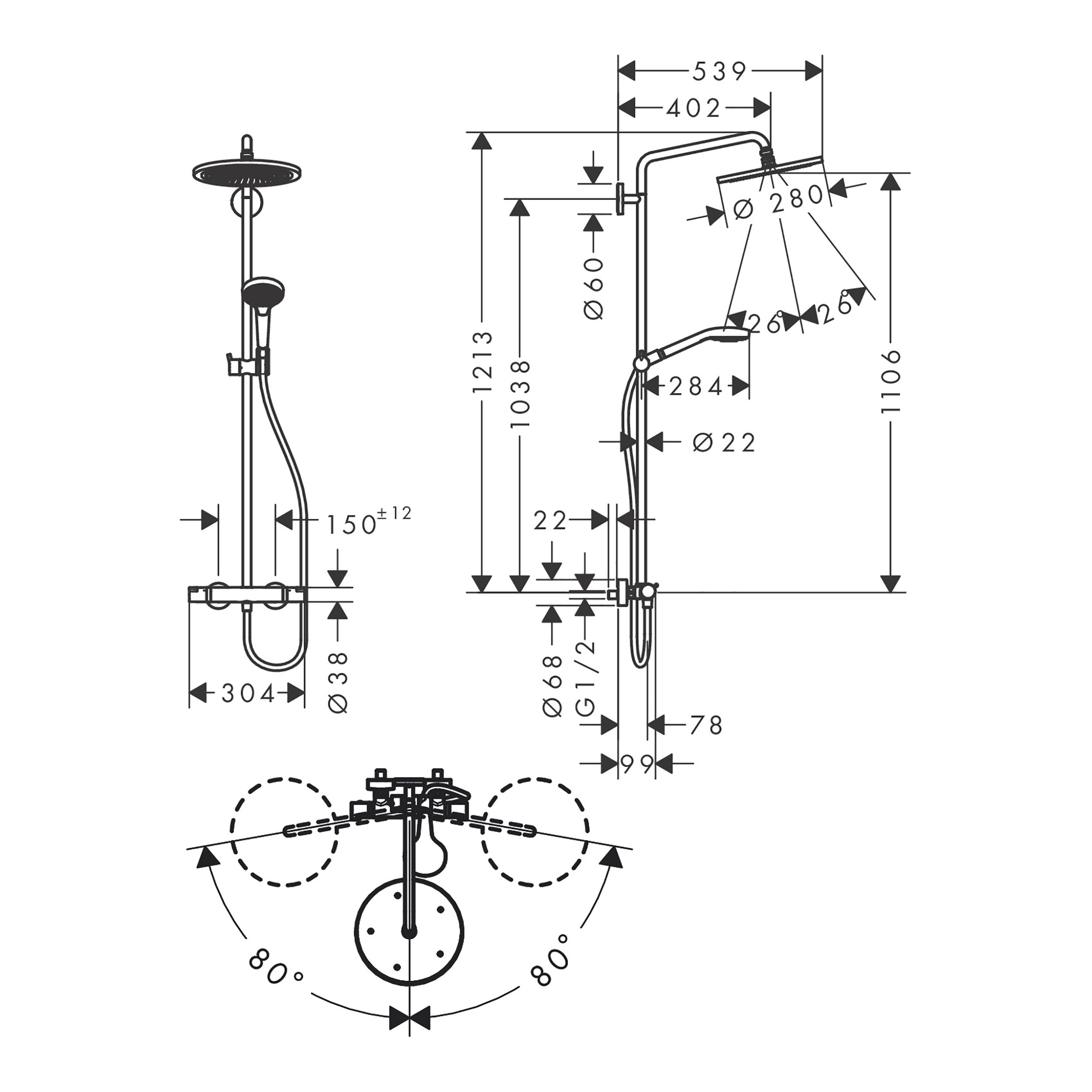 Takdusjsett Hansgrohe Croma Select S 280 Air 1jet Showerpipe 150 cc
