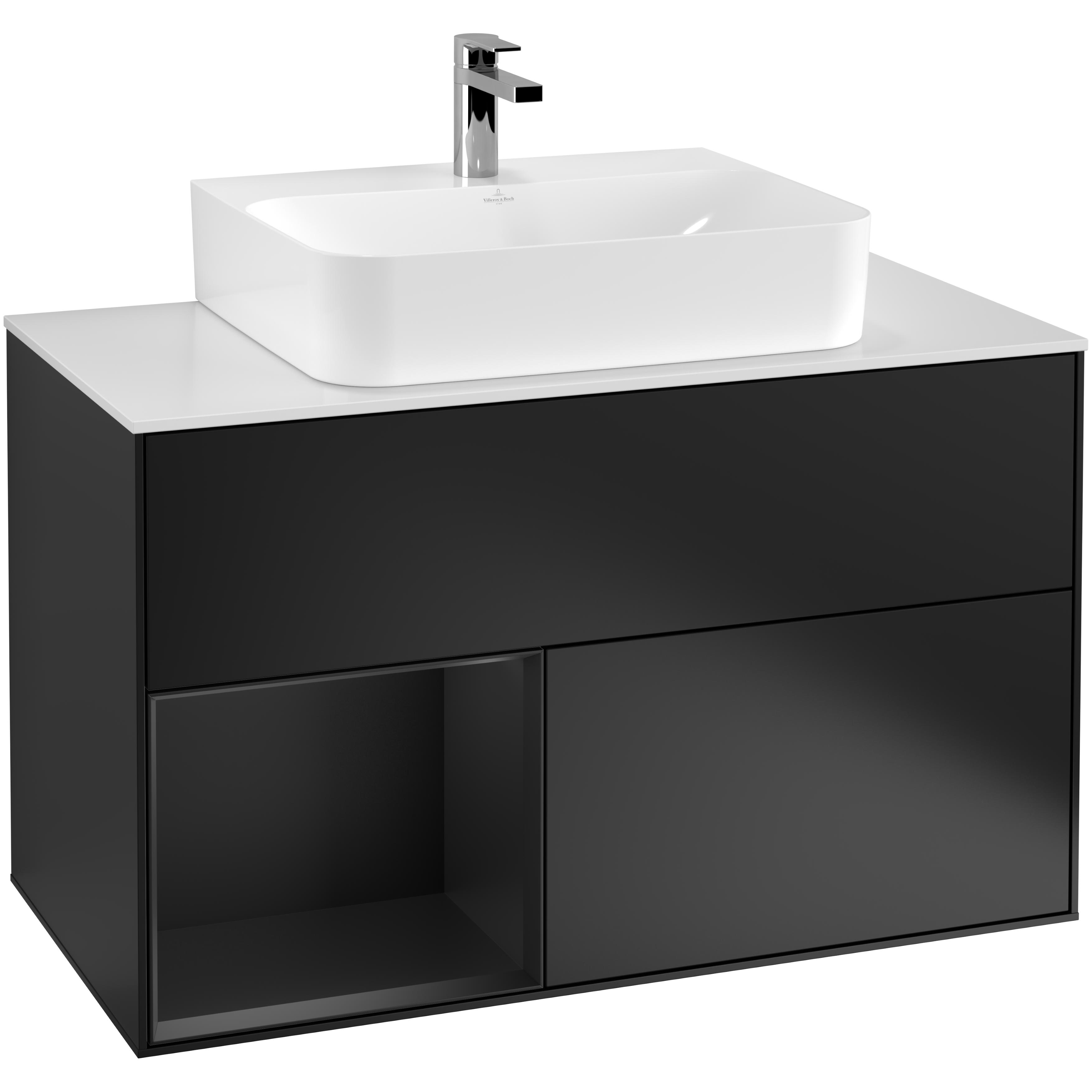 Tvättställsskåp Villeroy & Boch Finion F111PDPD Svart Mattlack/Svart Mattlack med bänkskiva i Mattvitt glas, Lucka Vänster