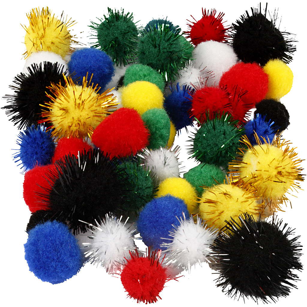 Pompomer, mixade färger, Dia. 15+20 mm, 48 mix./ 1 förp. Flerfarget
