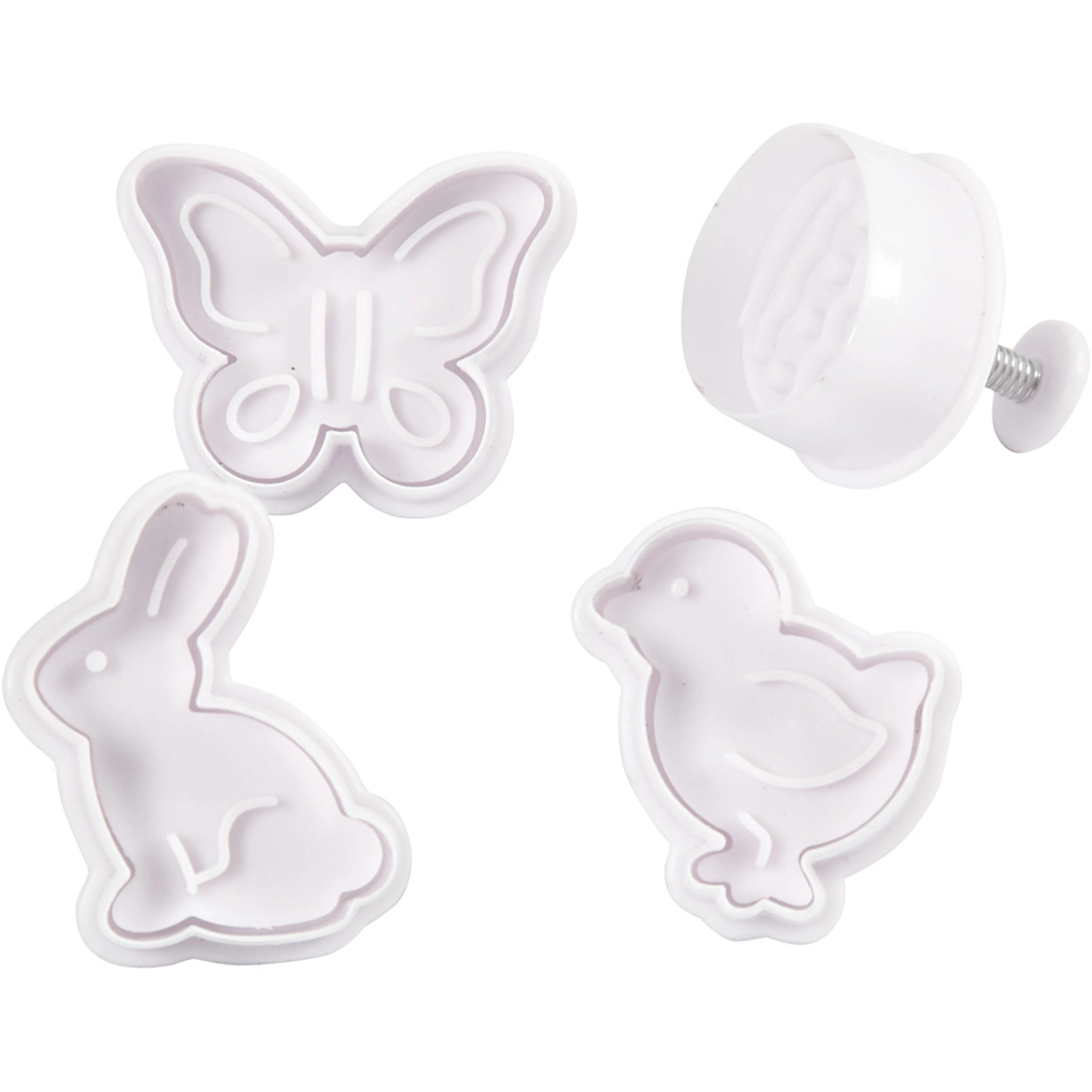 Utstikksformer Creativ Company med Preg Hvit Påskeegg Hare Kylling Sommerfugl 5 cm 4 St/1 Pk