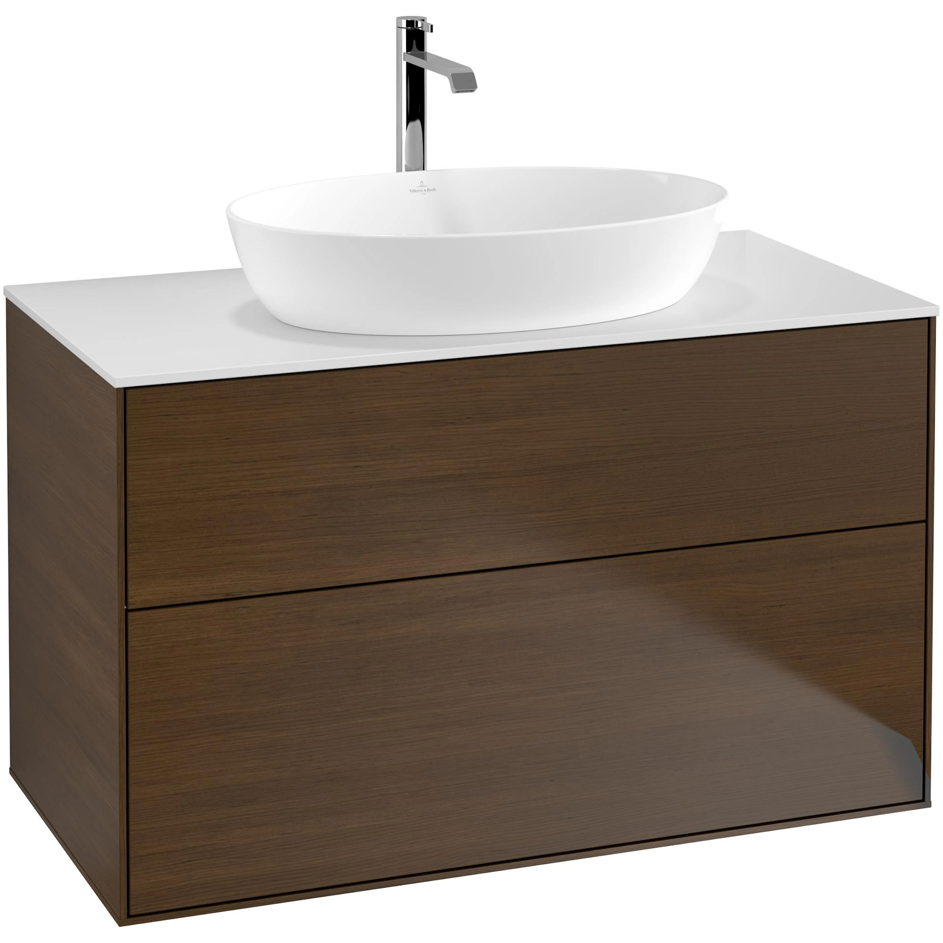 Tvättställsskåp Villeroy & Boch Finion G76100GN Valnötsfanér B: 1000 mm med bänkskiva i Mattvitt glas med Väggbelysning Med Blandarhål