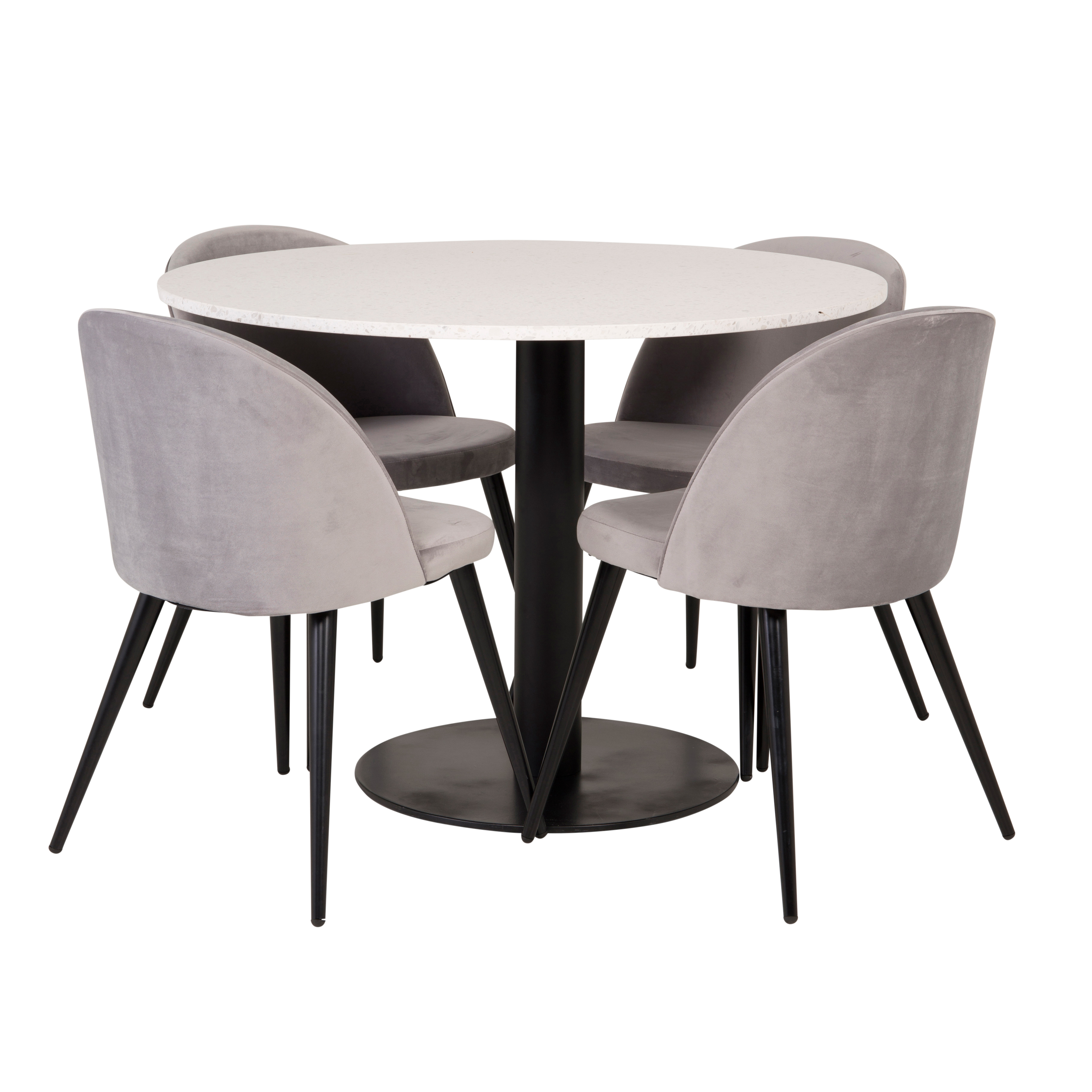 Razzia Table 106 White/Black+Velvet Black/Light grey seat4 Hvit Bord med Sort Bein, Lysegrå Stol med Sort Bein