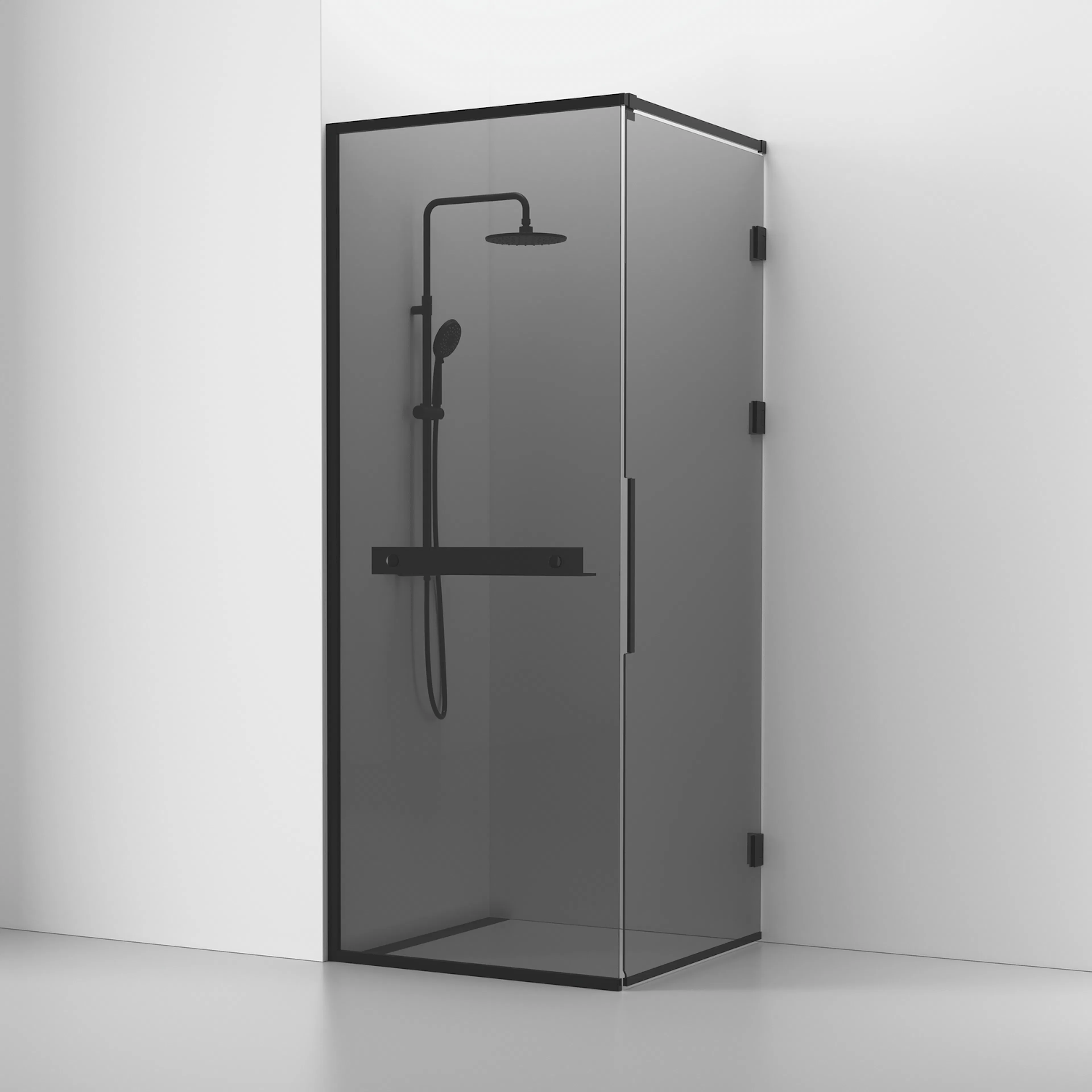 Langfoss Duschhörna Rak/Fast 90x82x230 Svart matt/Rök Hylla BxDxH: 900 x 820 x 2300 mm, Profil: Mattsvart Aluminium, Rökfärgat glas