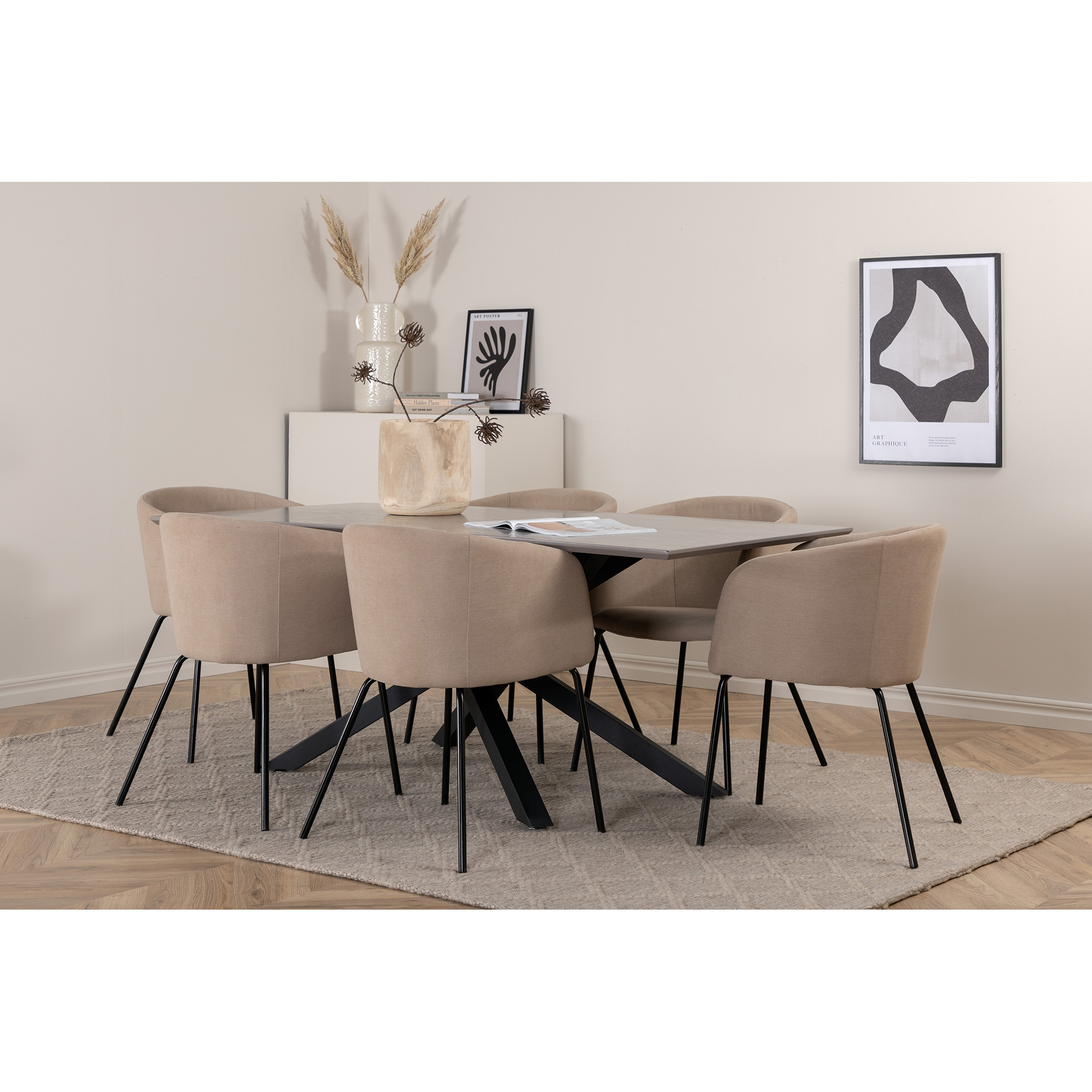 Piazza Dining Table  - Black / Grey Veneer+Berit Chair - Bla Grå/Beige/Sort