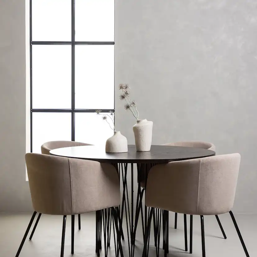 Stone round Dining Table - Black / Mocca Veneer +Berit Chair Beige/Brun