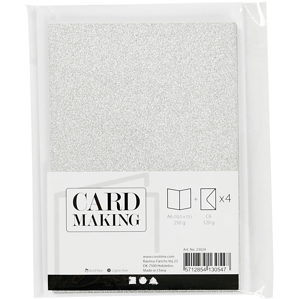 Kort Creativ Company og Konvolutt Glitter Kortstr 10,5x15 cm Konvstr 11,5x16,5 cm 4 sett/1 Pk