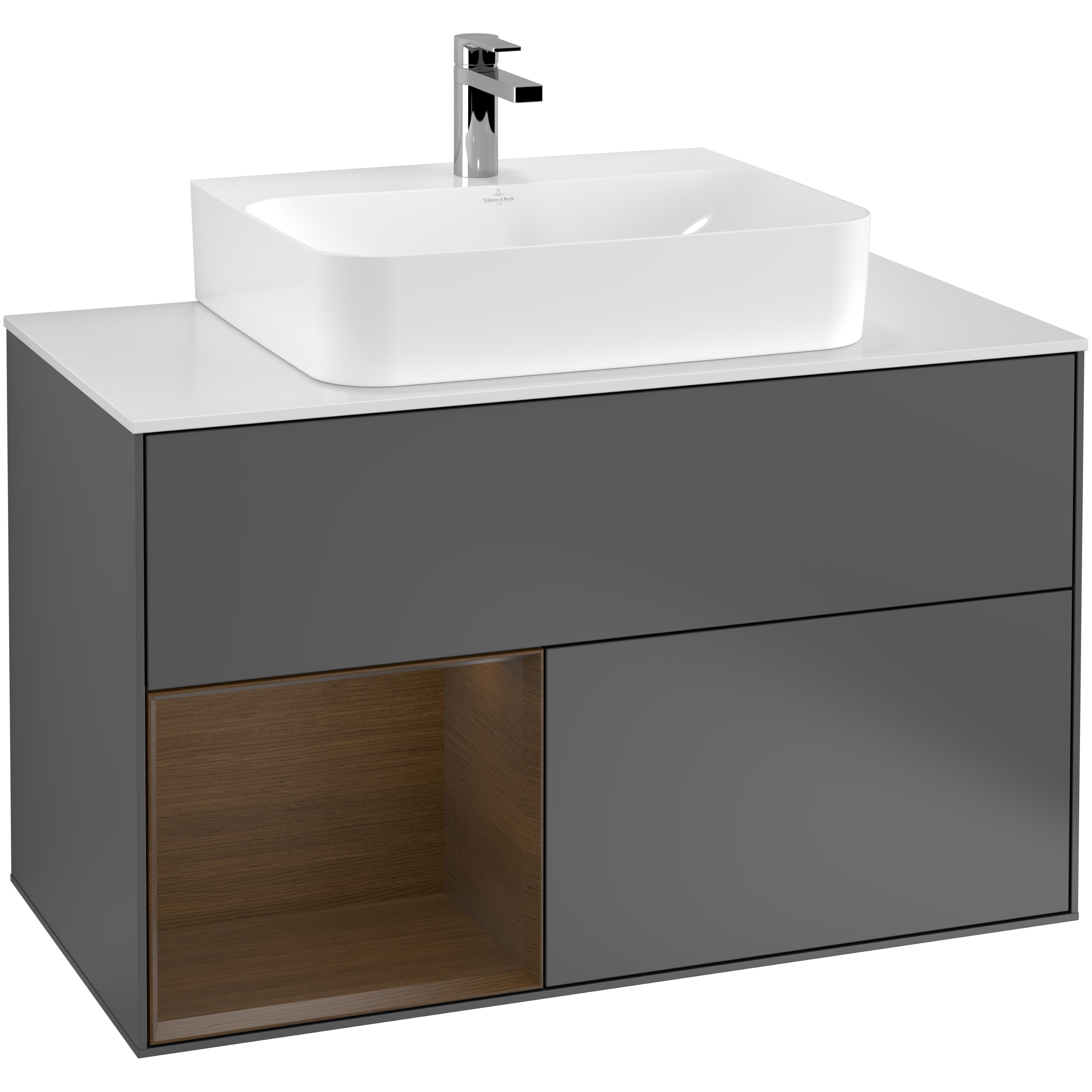 Tvättställsskåp Villeroy & Boch Finion F111GNGK Antracitgrå Mattlack/Valnötsfanér med bänkskiva i Mattvitt glas, Lucka Vänster
