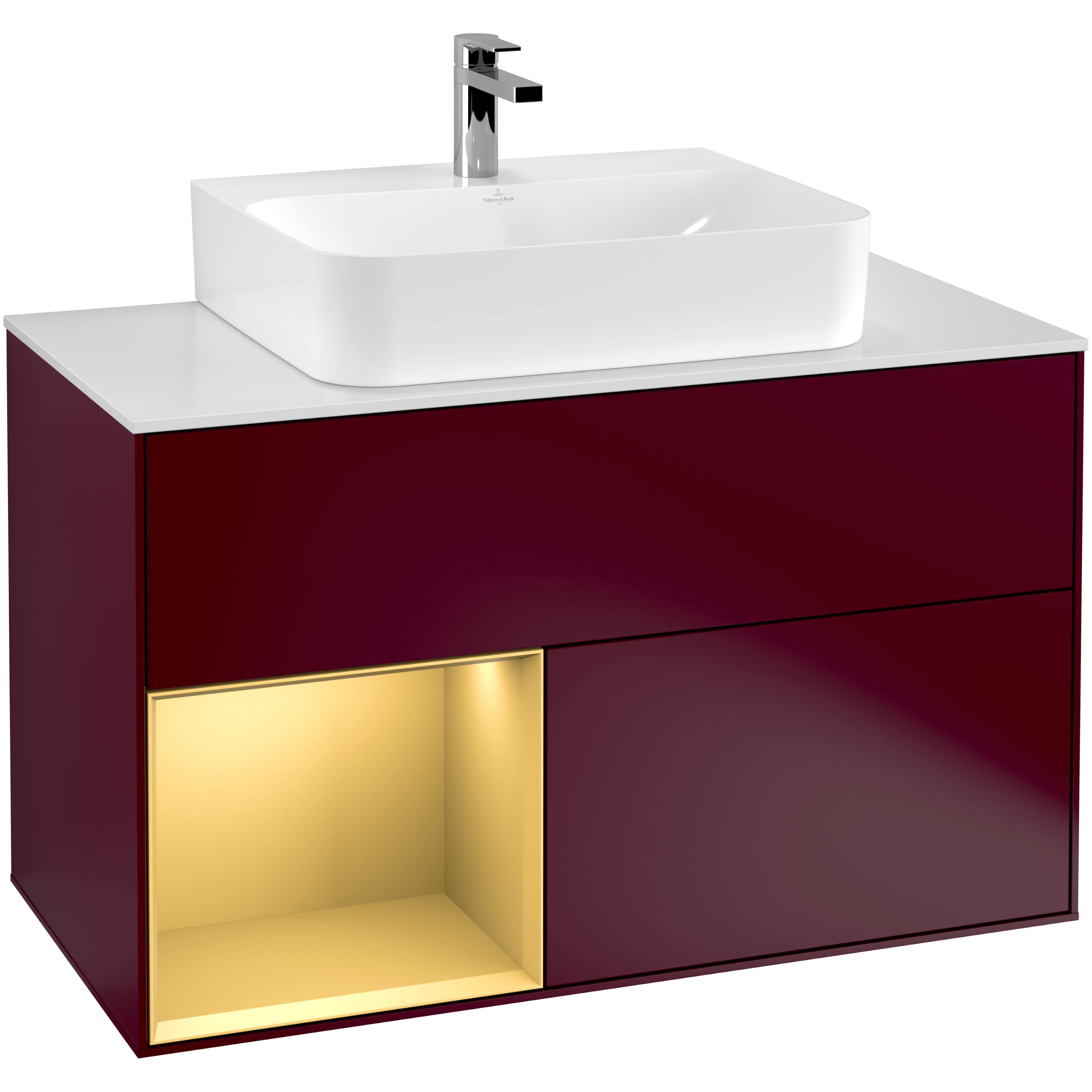 Tvättställsskåp Villeroy & Boch Finion G111HFHB Pion Mattlack/Guld Mattlack med bänkskiva i Mattvitt glas med Väggbelysning, Lucka Vänster