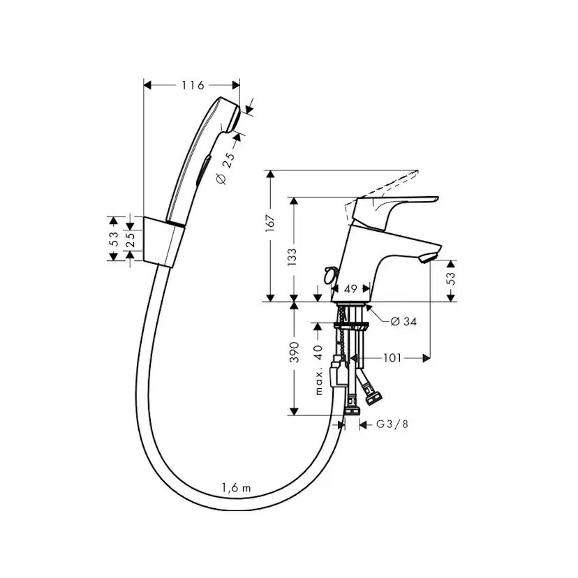 Servantbatteri Hansgrohe Focus 70 med Bidette